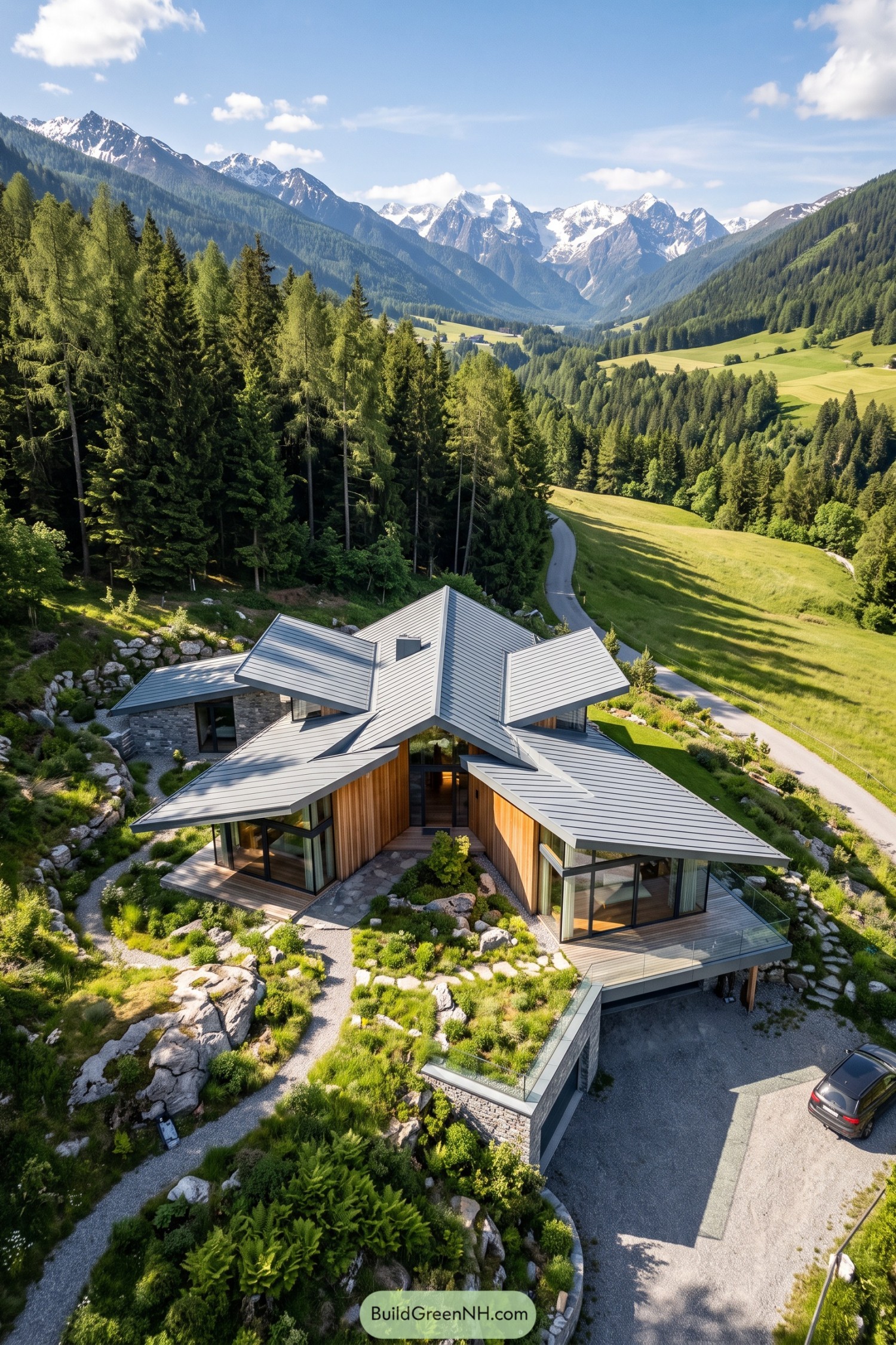 Angular folded-roof lodge overlooking a forested mountain valley
