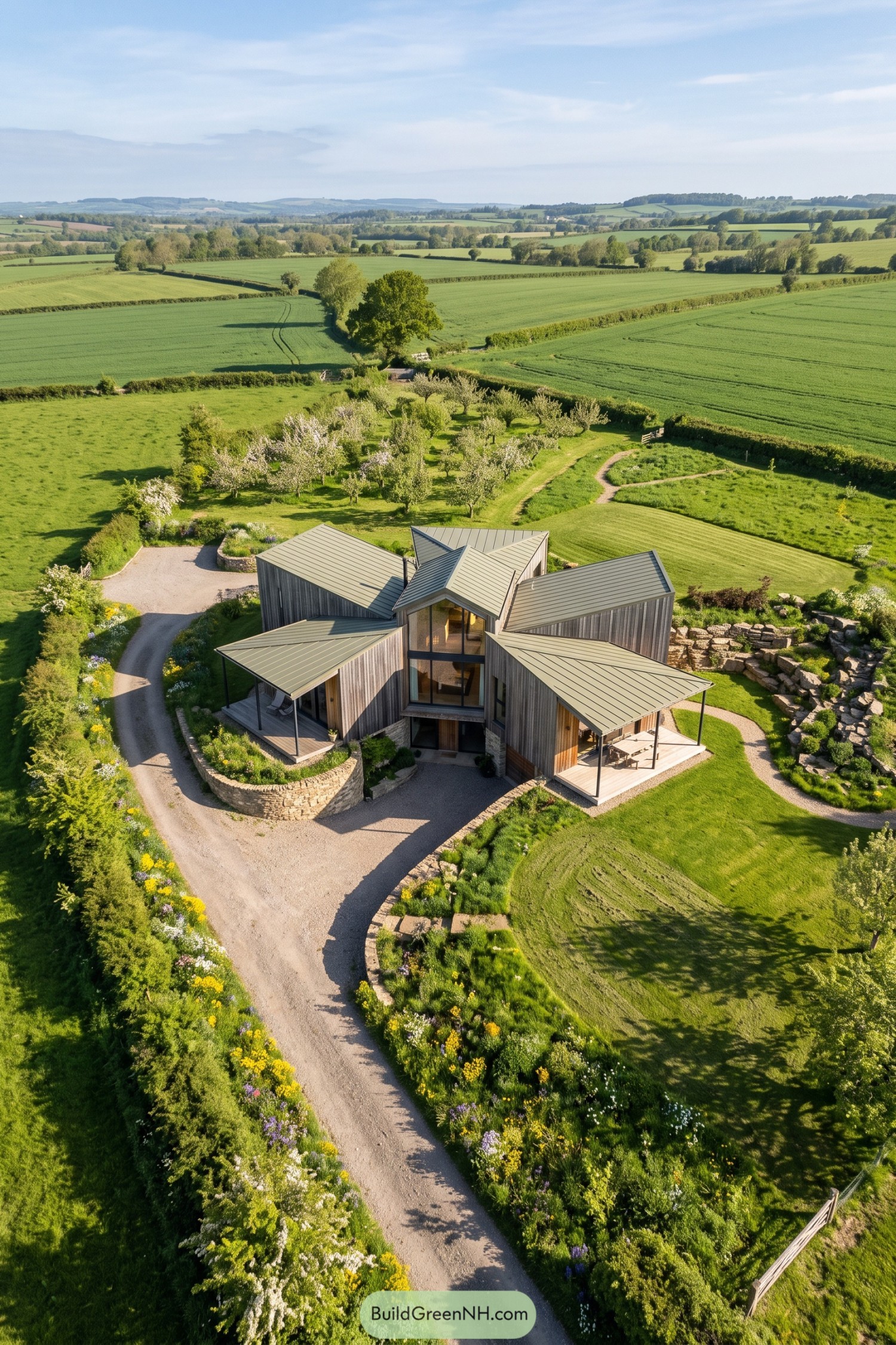 Aerial view of a timber home with angular folded roofs in green fields
