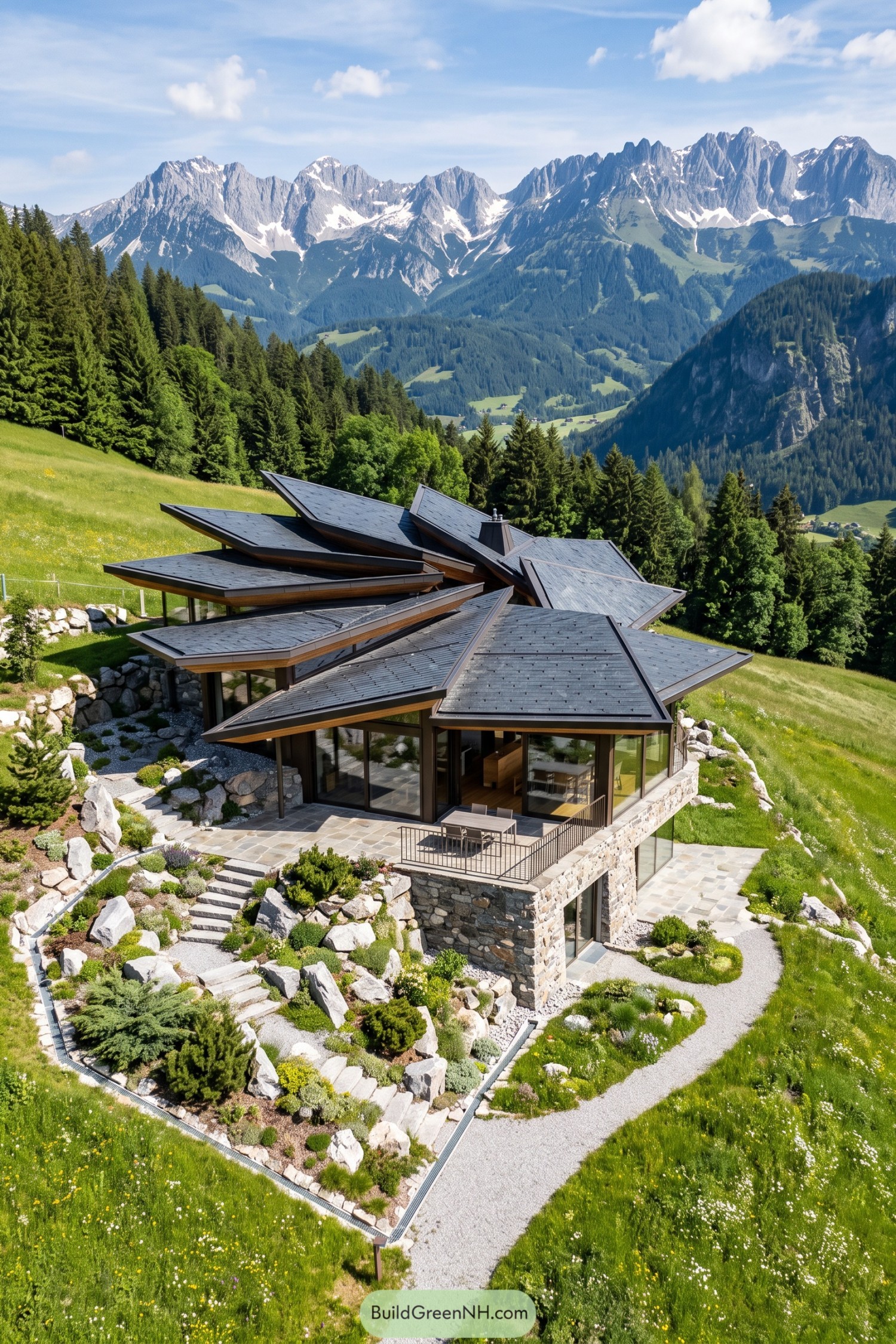 Mountain home with layered angular roofs and stone terraces
