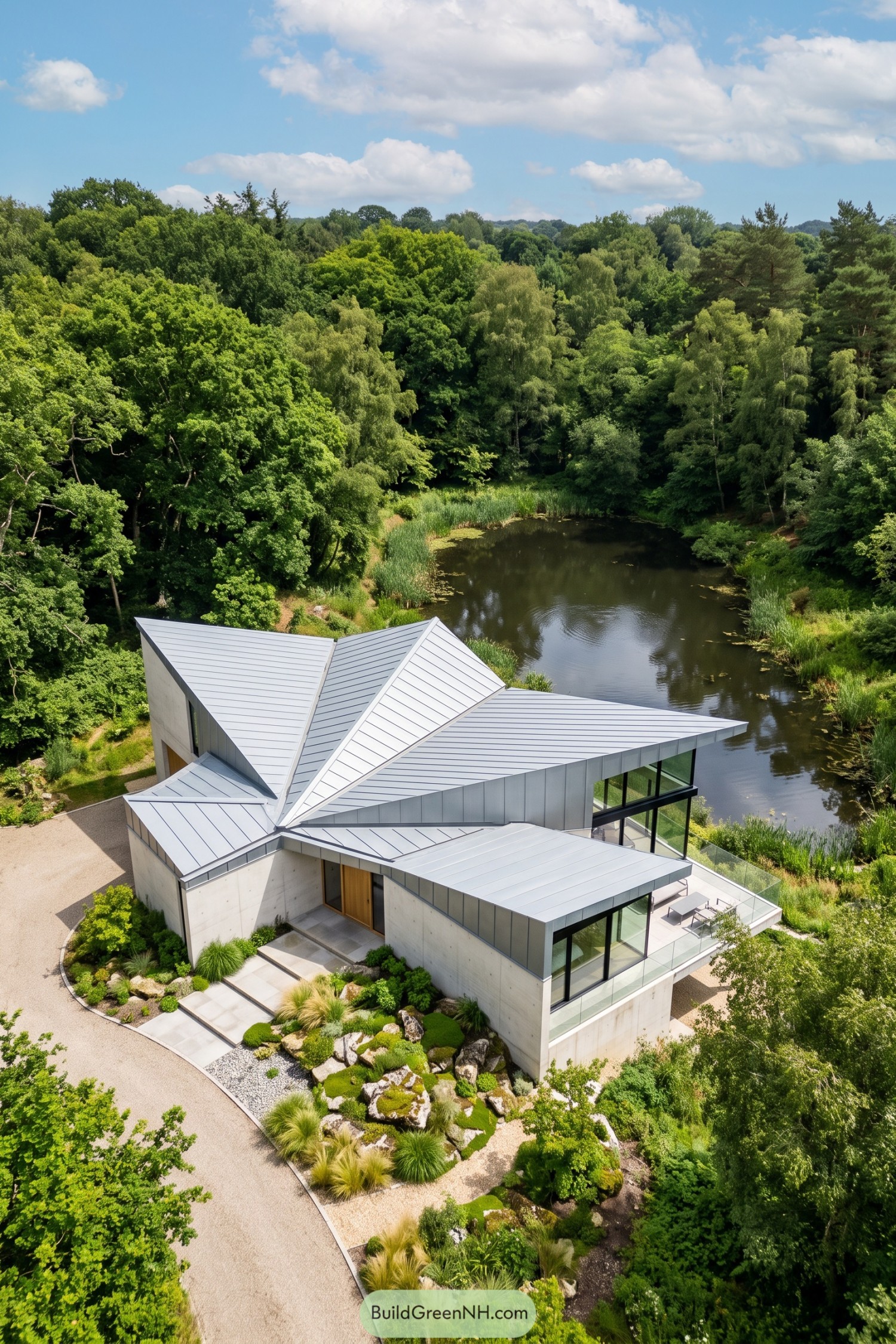 Angular metal-roofed home beside a wooded pond