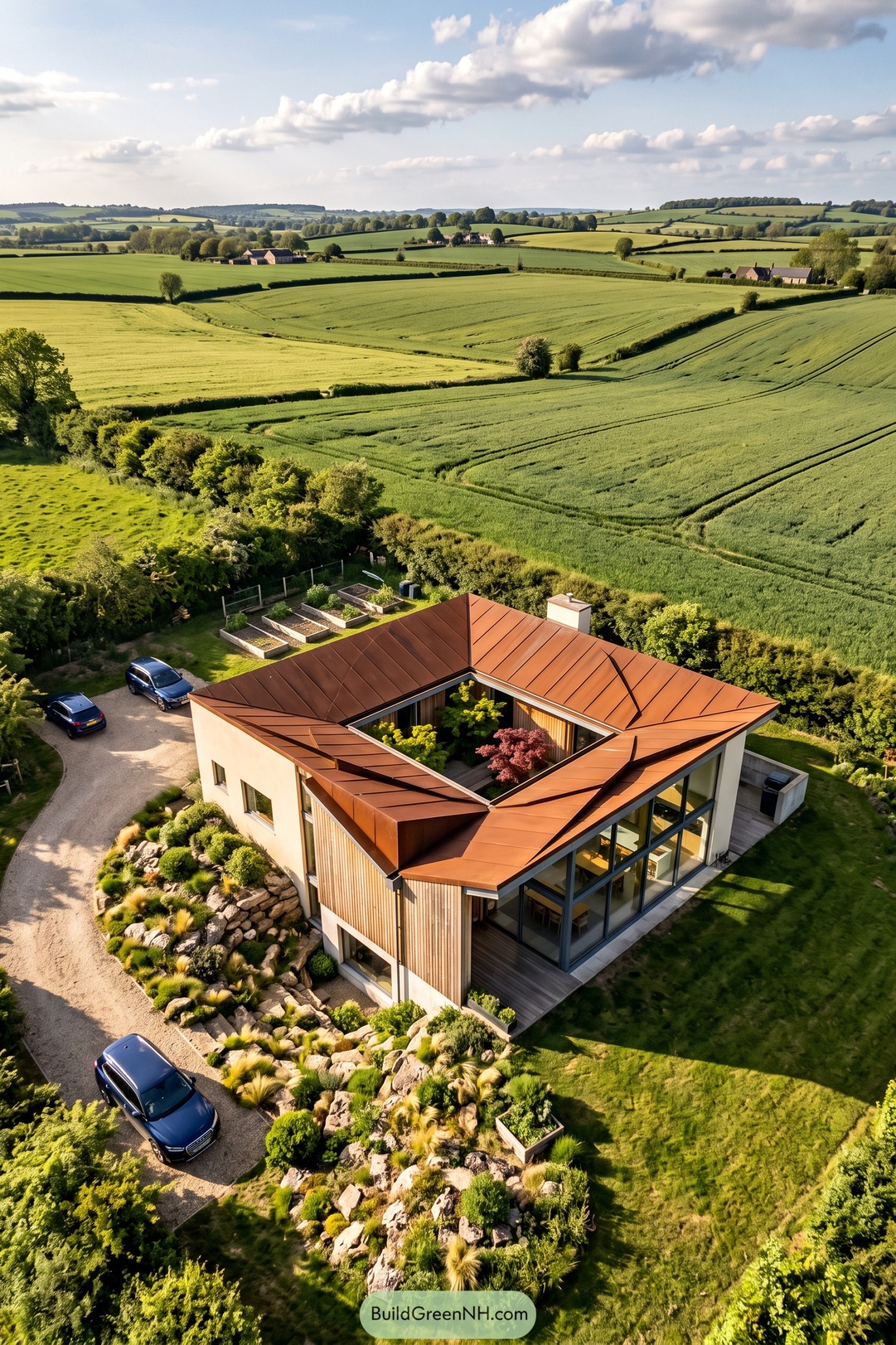 Modern farmhouse with faceted copper roof and central courtyard