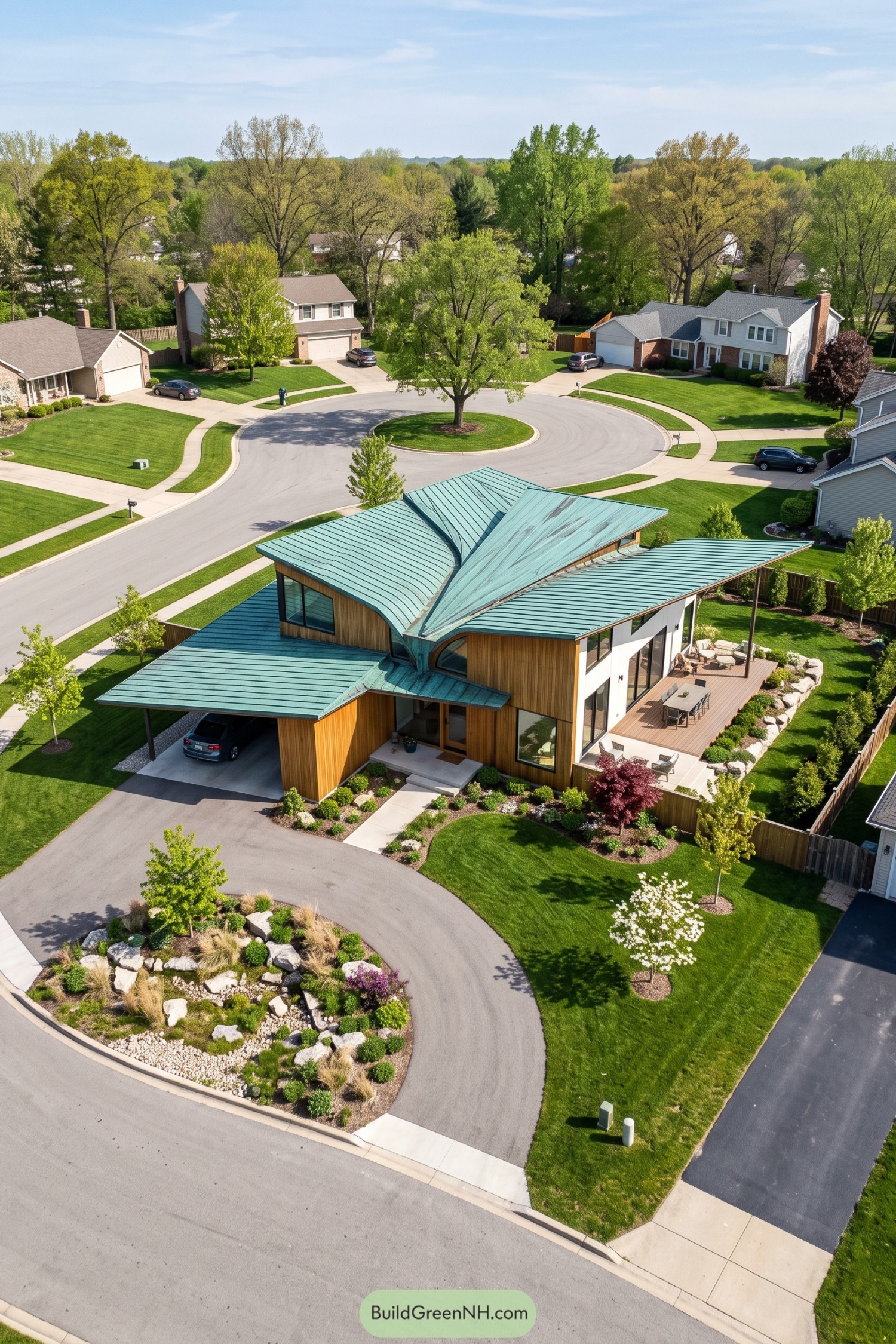 A modern home with sweeping green metal roof folds