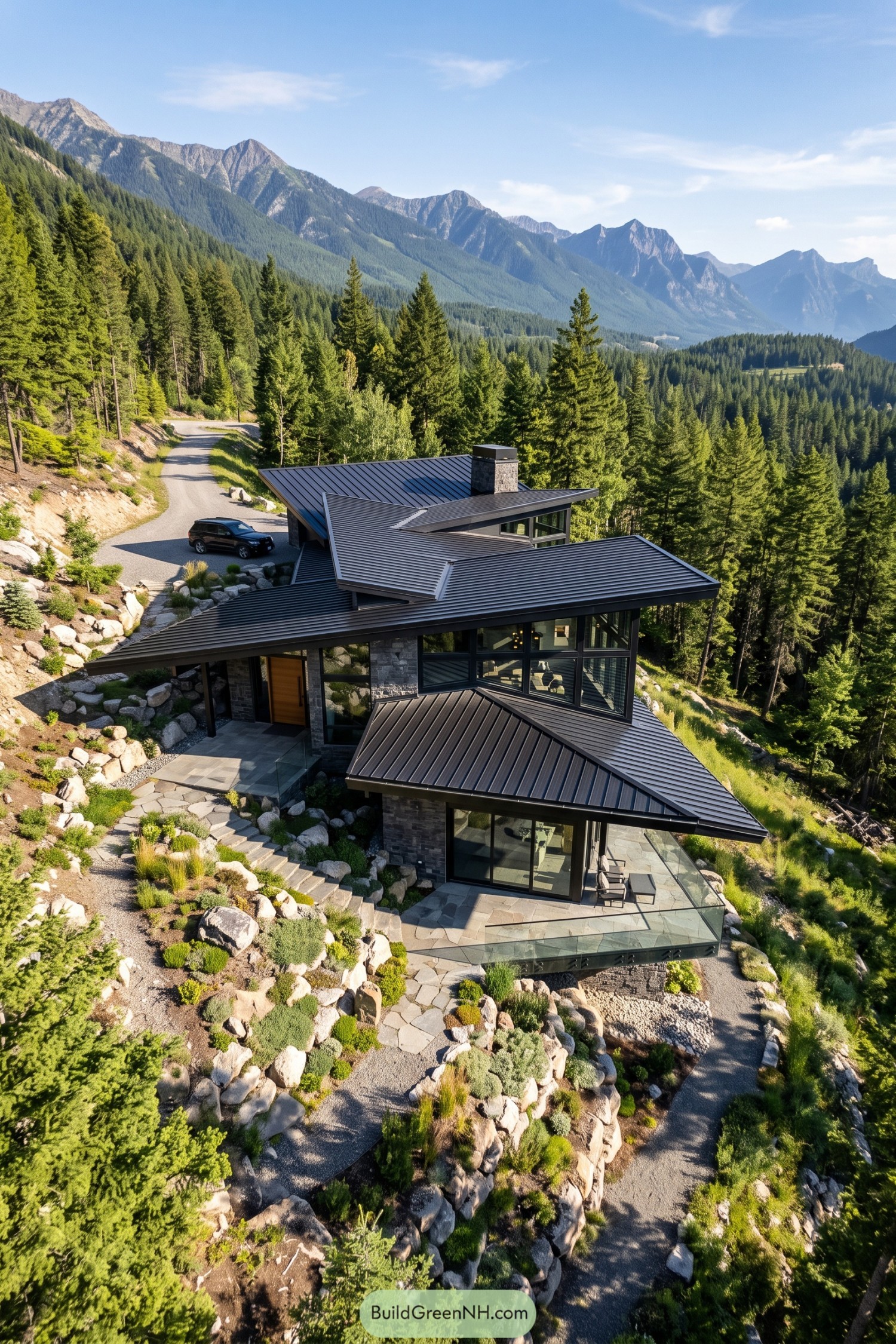 Modern mountain home with layered folded metal roofs