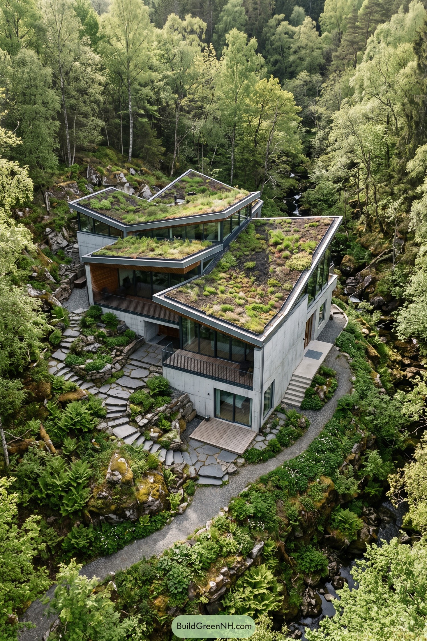 Terraced concrete house with planted angular roofs beside a forest stream