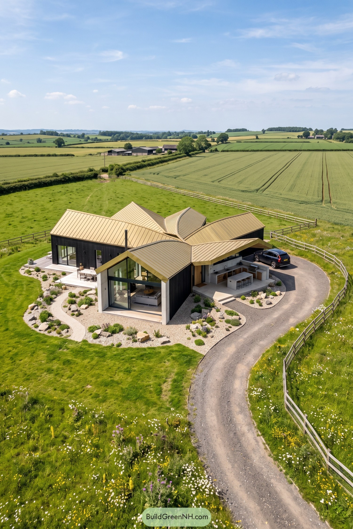 Angular rural home with folded bronze roof and wide glazing