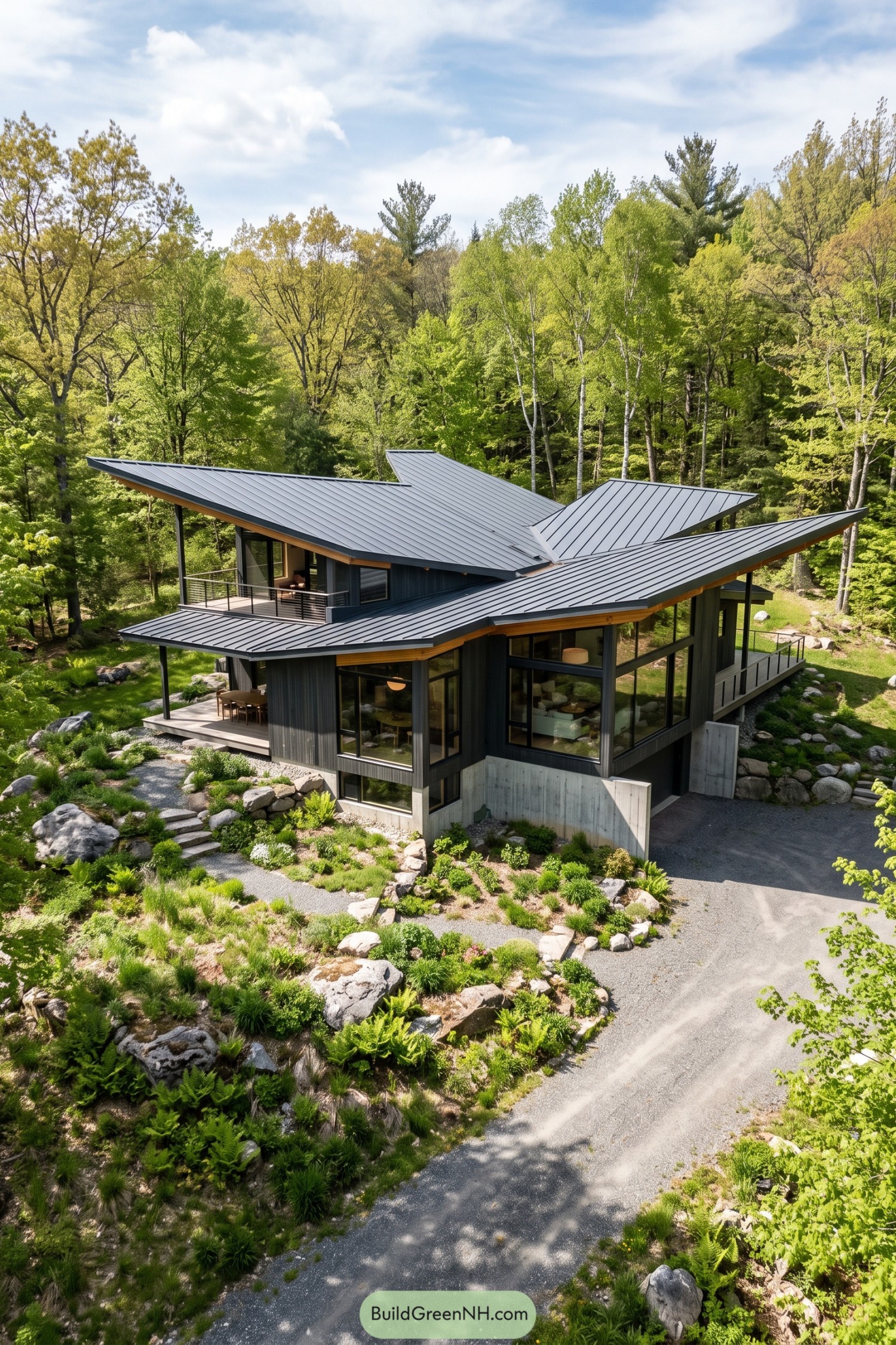 Modern woodland house with angular metal roof planes and glazing