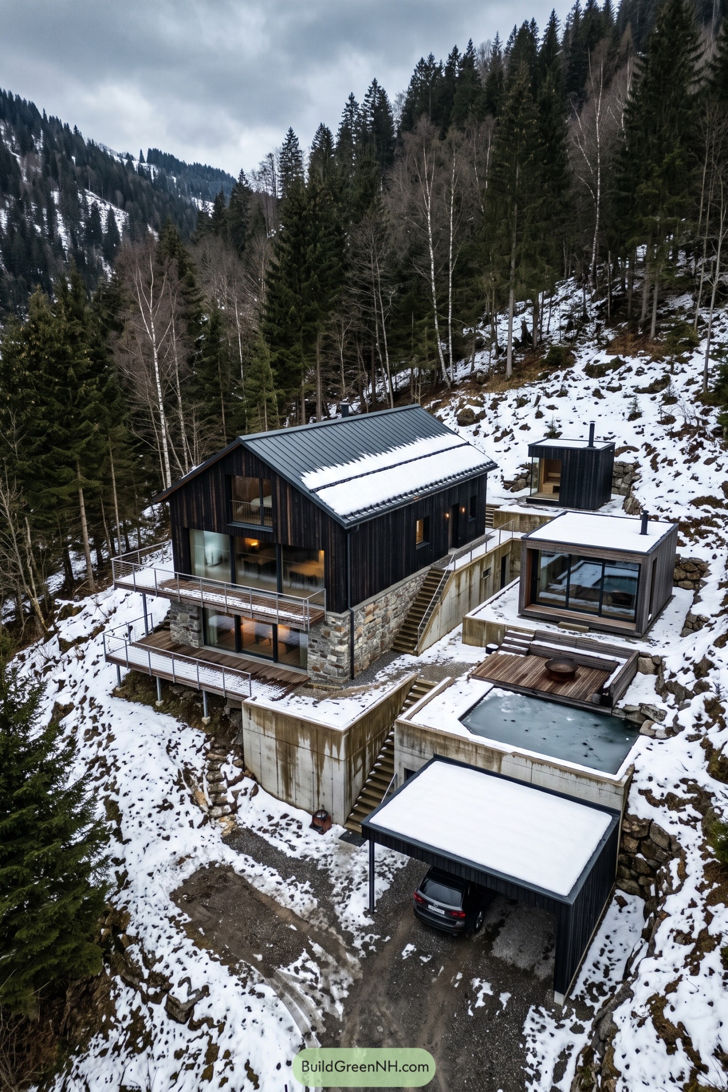 Dark timber hillside compound with a gabled house, separate pavilions, stepped decks, and a pool in a snowy forest