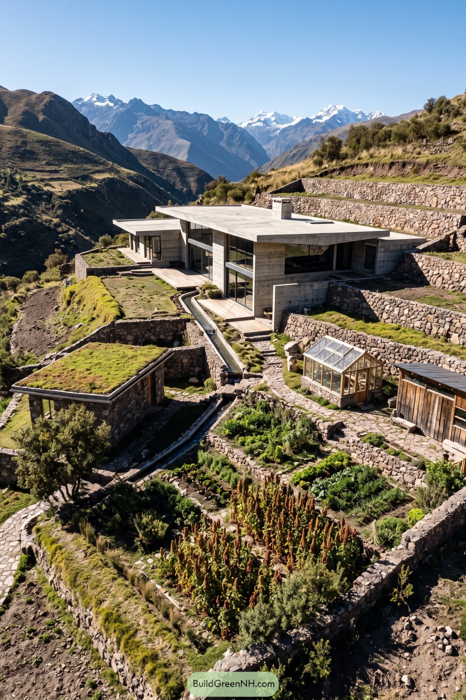 Concrete hillside home above terraced vegetable gardens with stone walls, a greenhouse, and distant snowy peaks