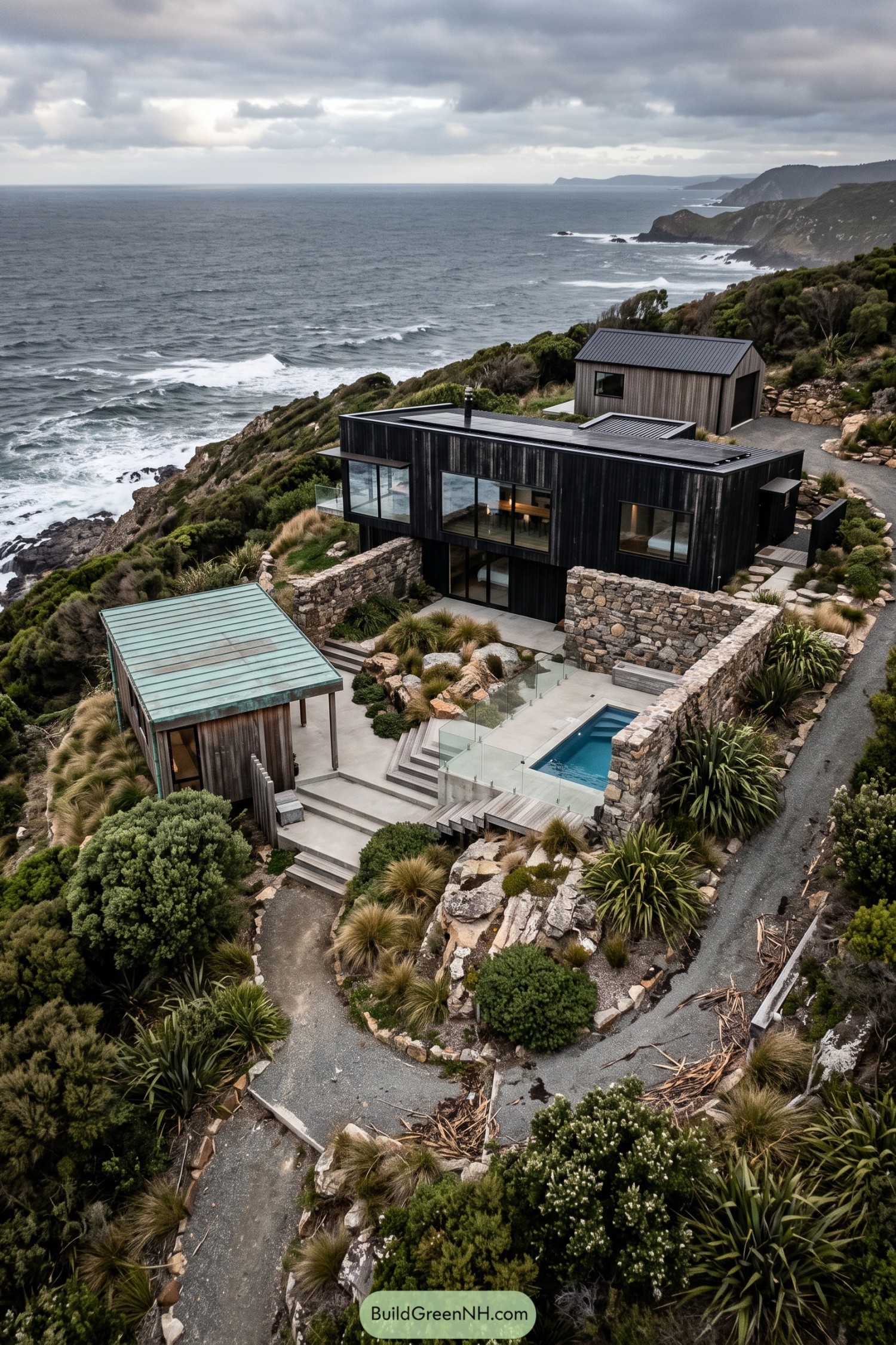 Coastal hillside compound with dark timber cladding, stone courtyards, a small pool, and two detached outbuildings overlooking the ocean