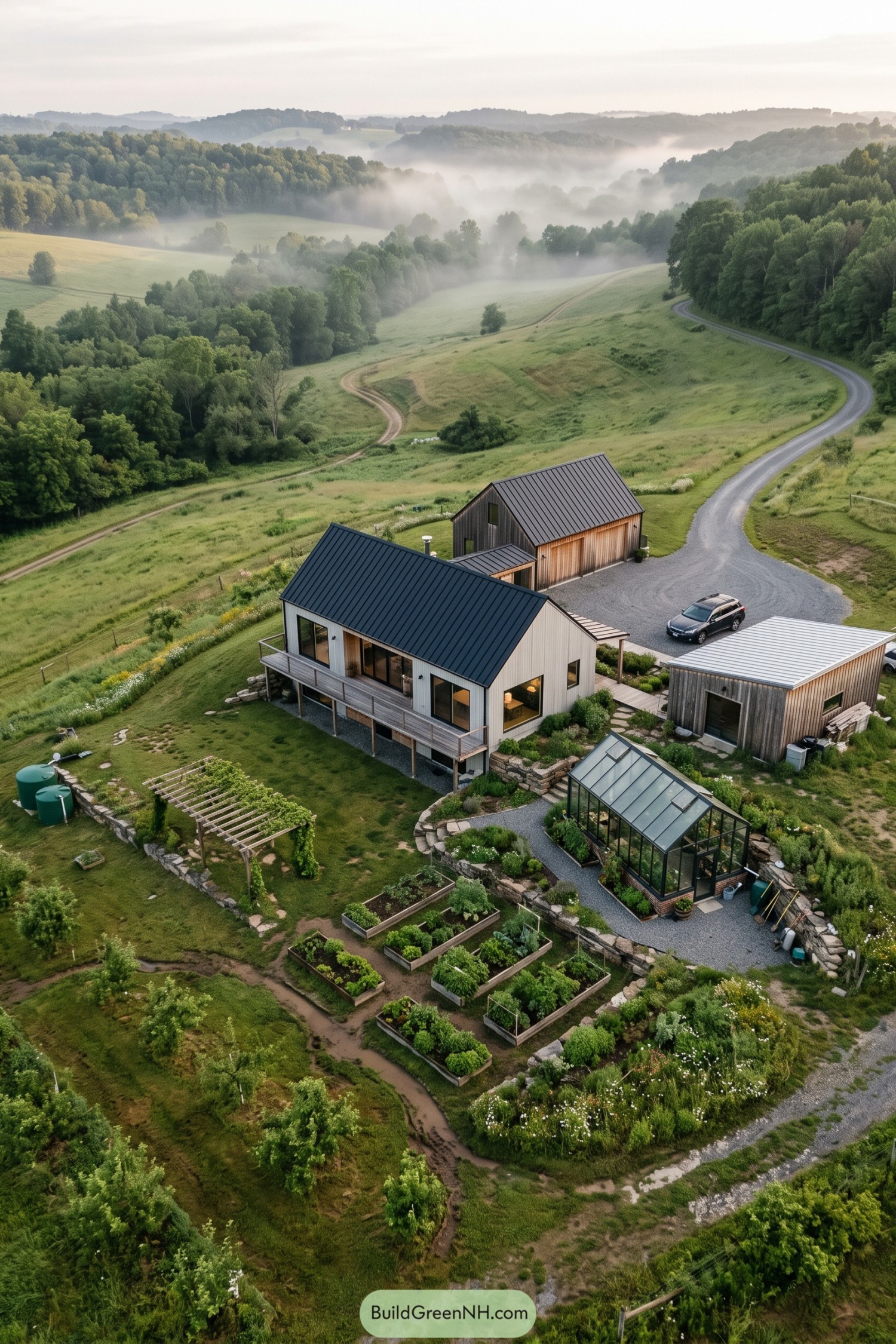 Hillside compound with metal roofed barns, a wraparound deck, greenhouse, and terraced vegetable gardens