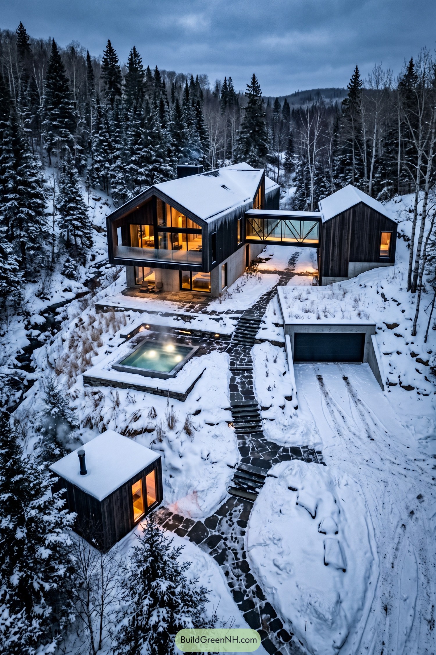 Dark timber hillside homes linked by a glass bridge above snowy stone terraces with a pool and detached cabin