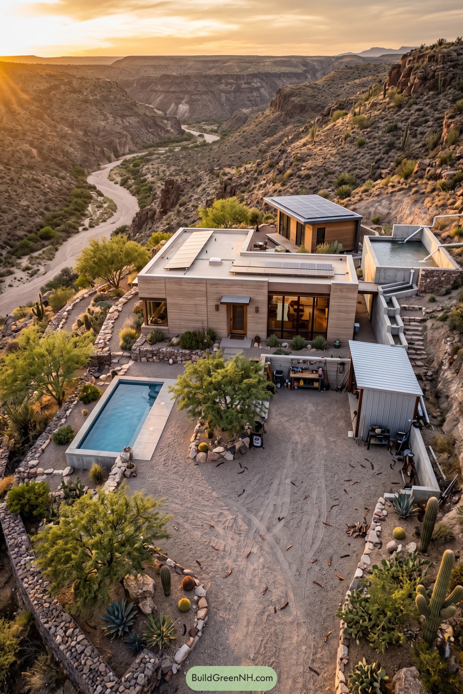 Desert hillside compound with solar roofs, stone terraces, a narrow pool, and cactus gardens overlooking a winding canyon