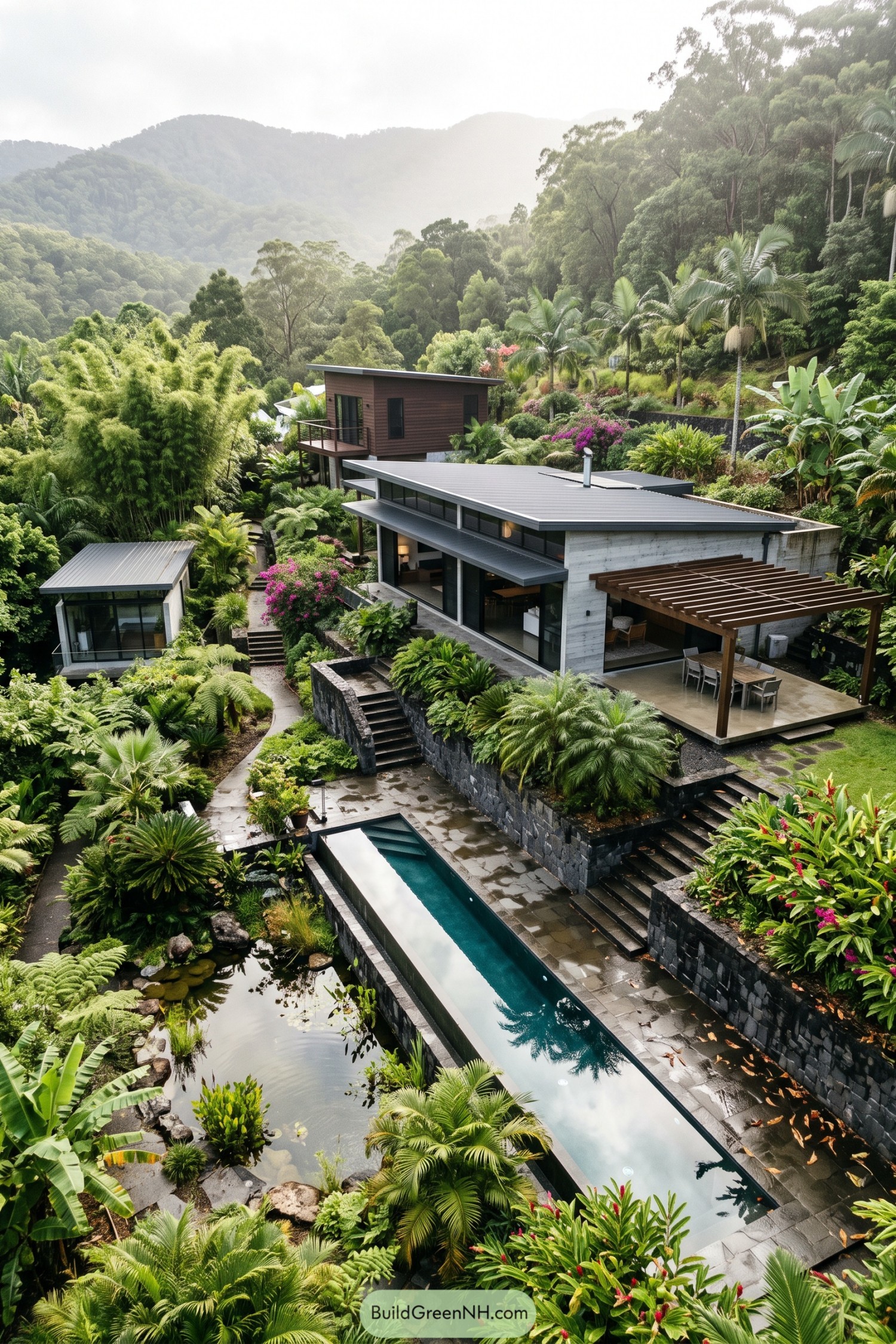 Modern hillside compound with separate pavilions, stone terraces, a timber pergola, and a narrow pool surrounded by tropical gardens
