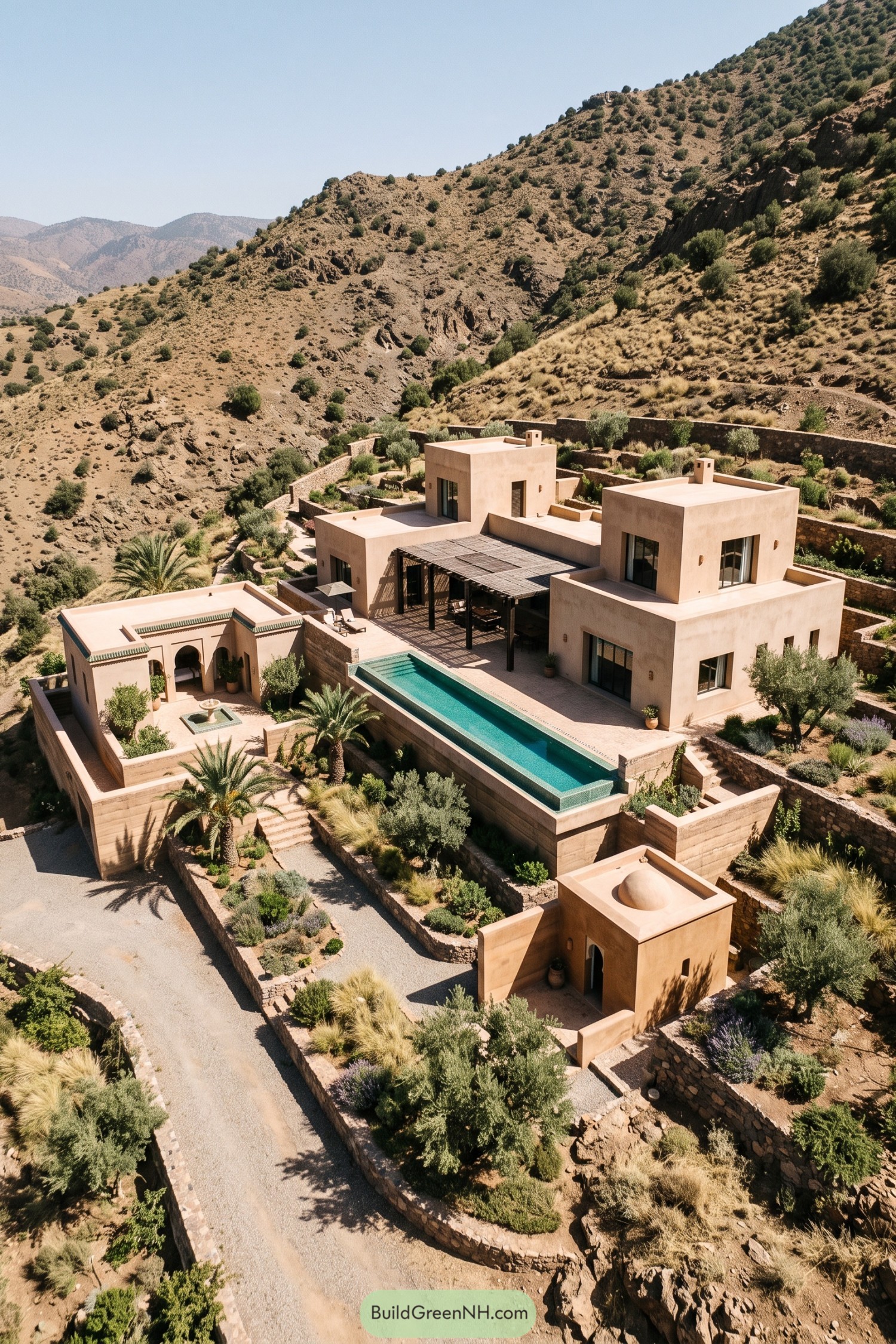 Sand-colored hillside compound with stepped flat roofs, a narrow pool, shaded terraces, and an arched fountain courtyard