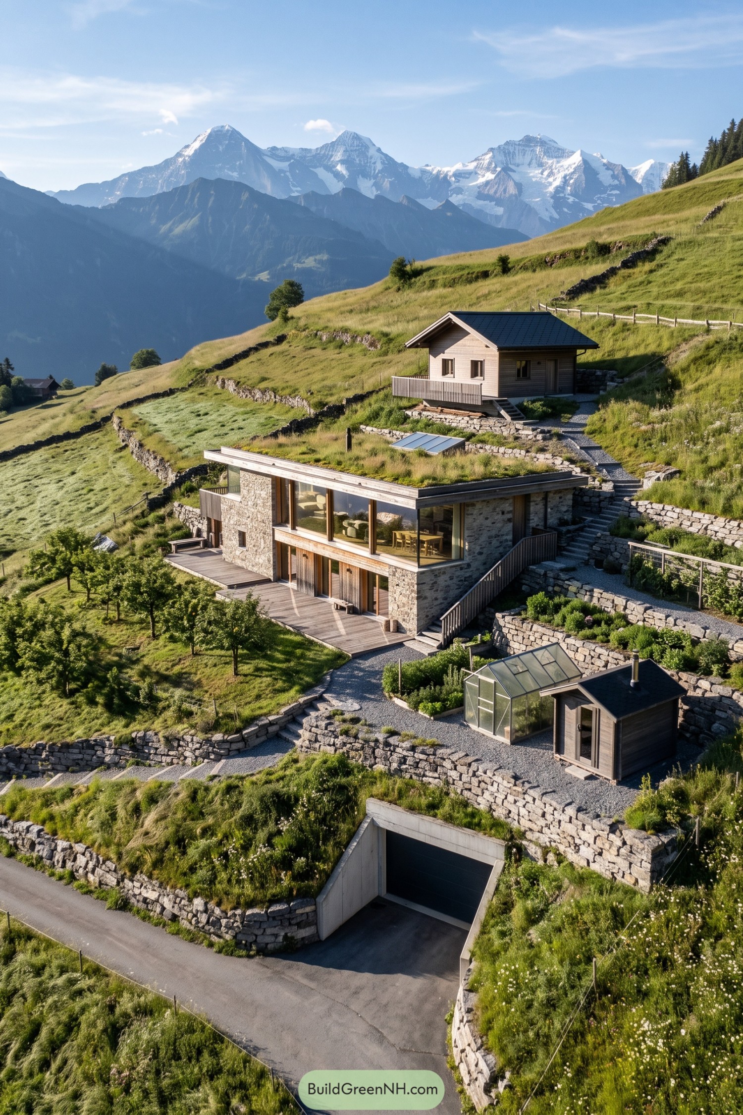 Stone and timber hillside compound with a planted roof, stepped gardens, small outbuildings, and a garage tucked beneath the slope