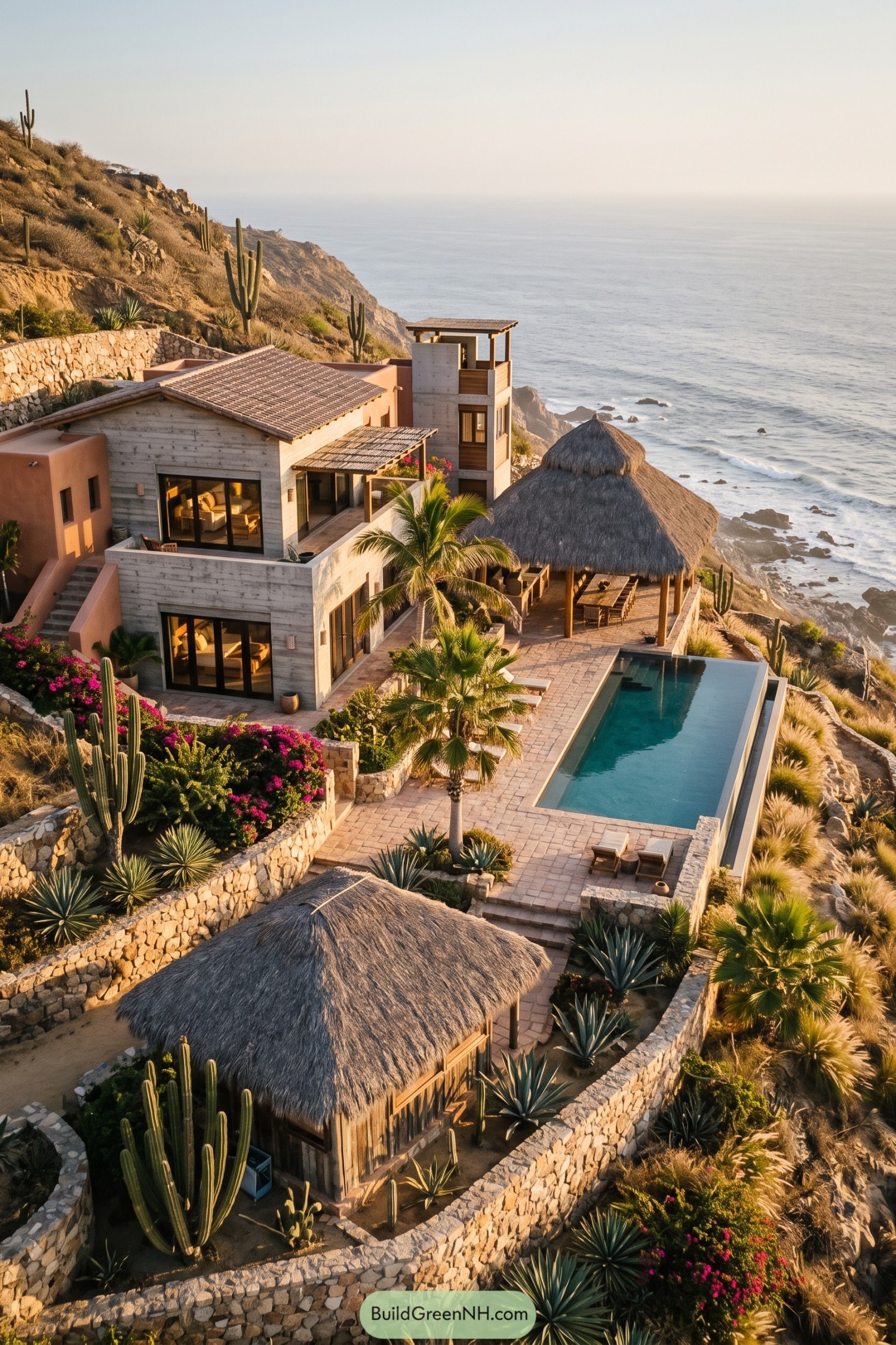 Coastal hillside compound with concrete and peach walls, thatched pavilions, stone terraces, and an oceanfront pool