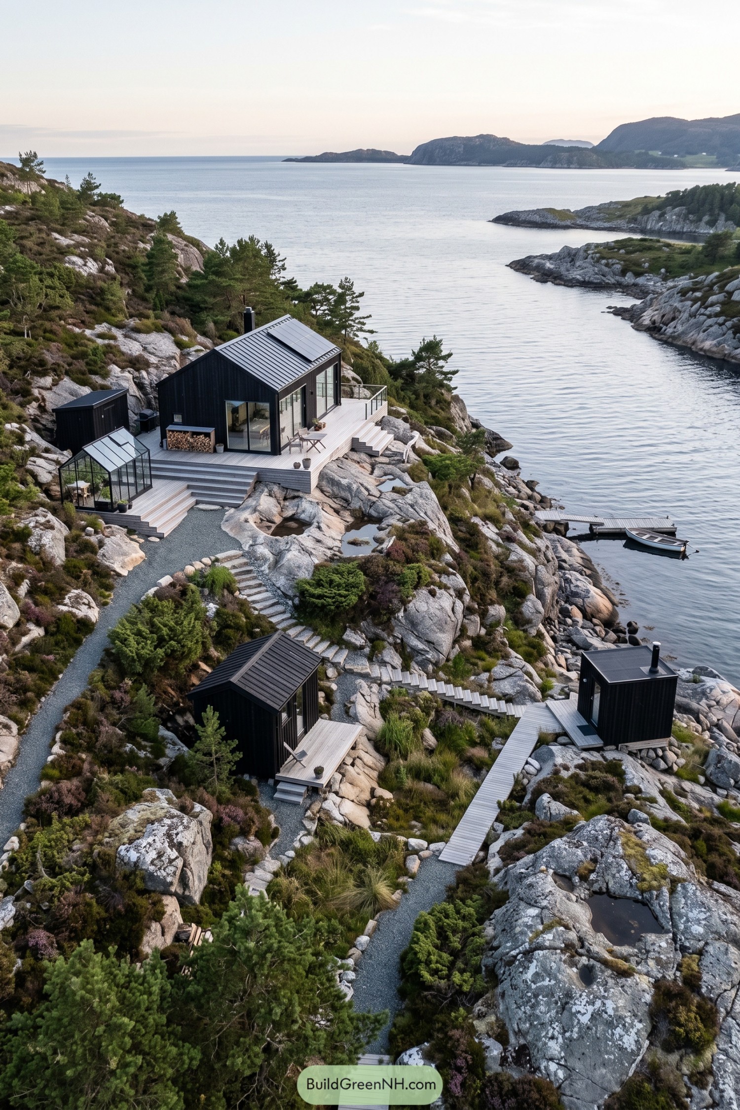 Black timber cabins connected by pale boardwalks on a rocky coastal hillside with a greenhouse and small dock