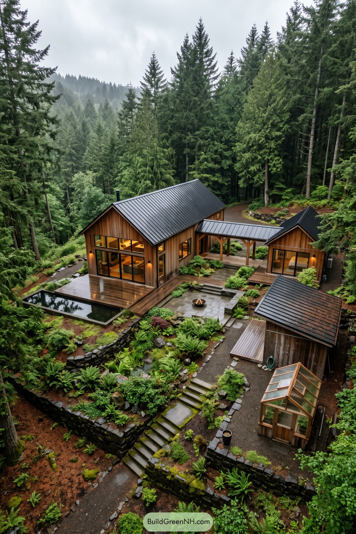 Wooden hillside homes with black metal roofs surround terraced fern gardens connected by stone steps and timber decks