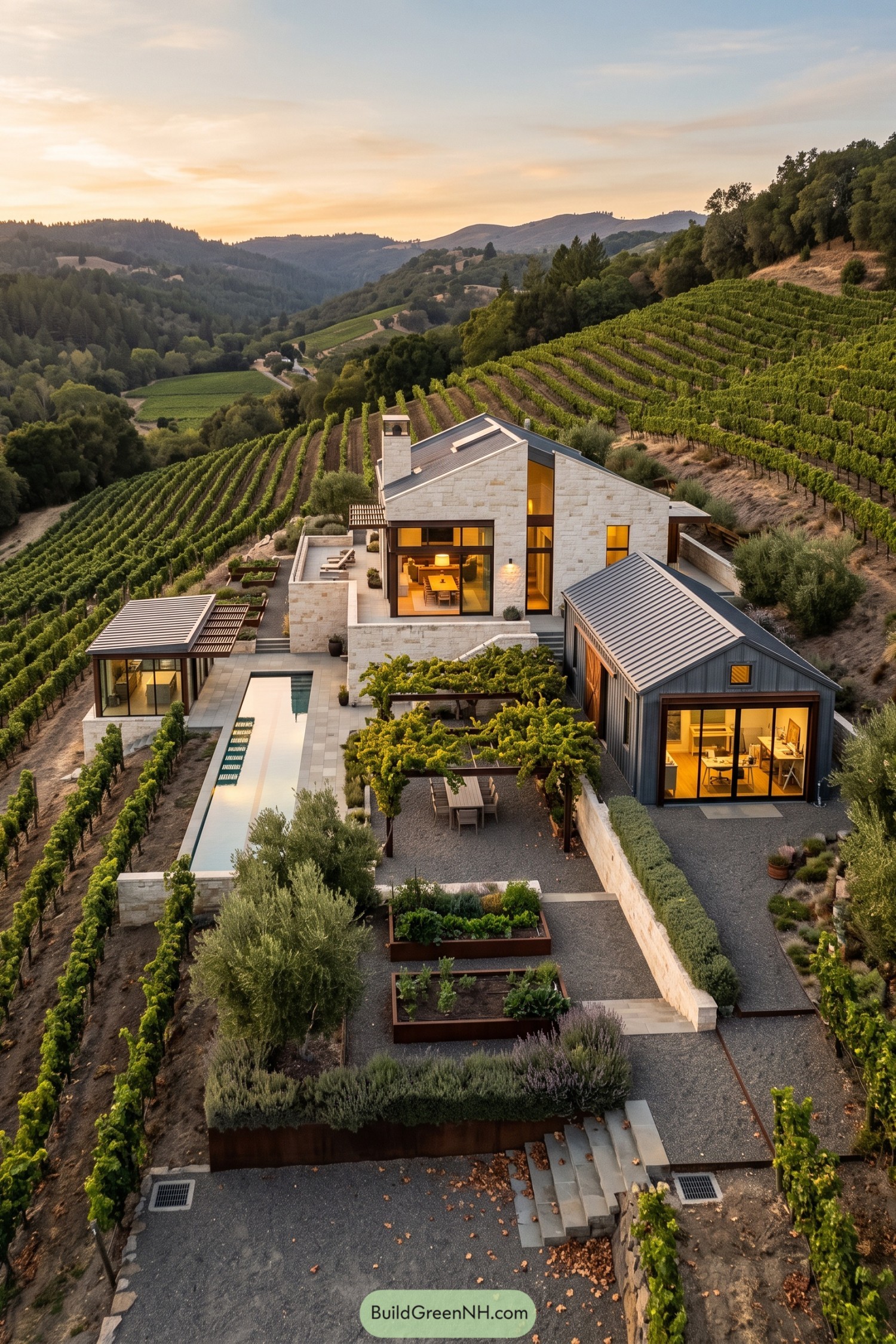 Stone hillside home with metal roofs, detached outbuildings, a narrow pool, and a vine-covered dining pergola among vineyards