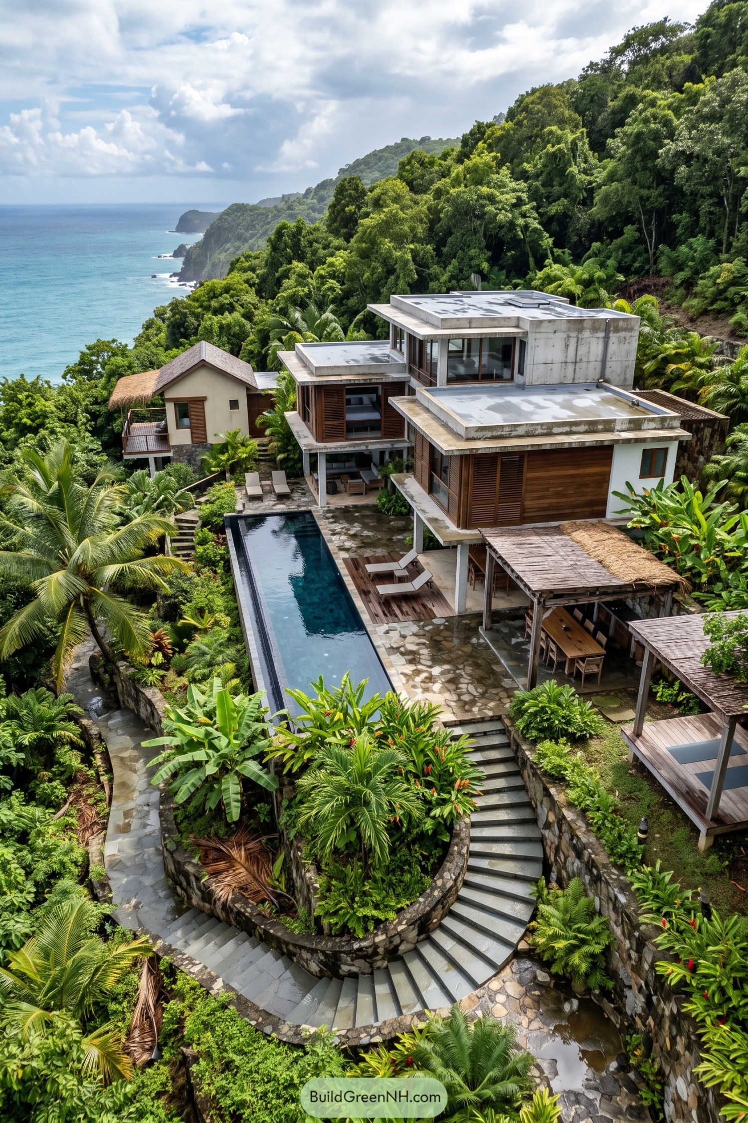 Modern coastal hillside compound with concrete roofs, timber shutters, a long pool, and curved stone stairways amid tropical planting