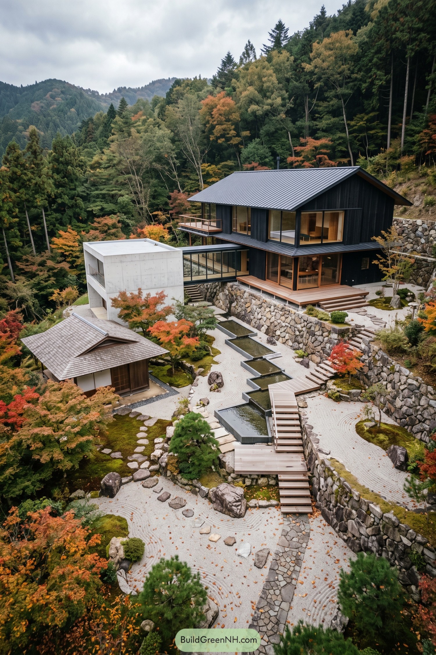 Japanese inspired hillside compound with dark timber cladding, terraced gravel gardens, stepped pools, and stone retaining walls