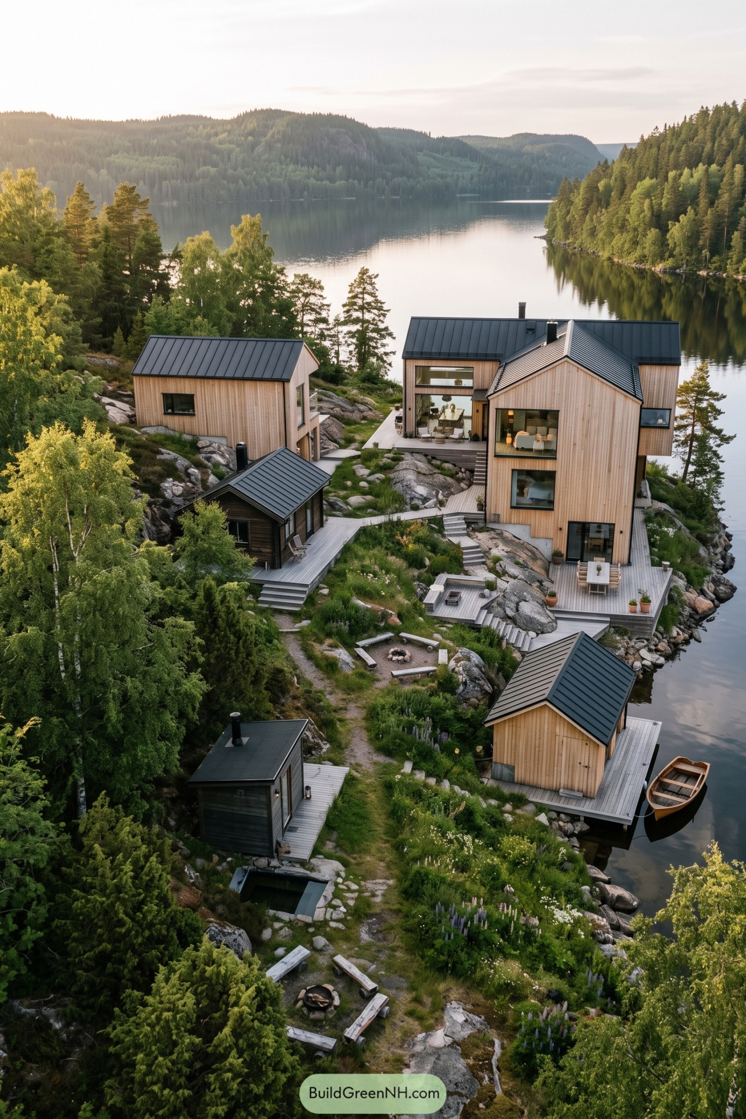 Wood-clad hillside compound with dark metal roofs, stepped decks, and small cabins beside a forested lake