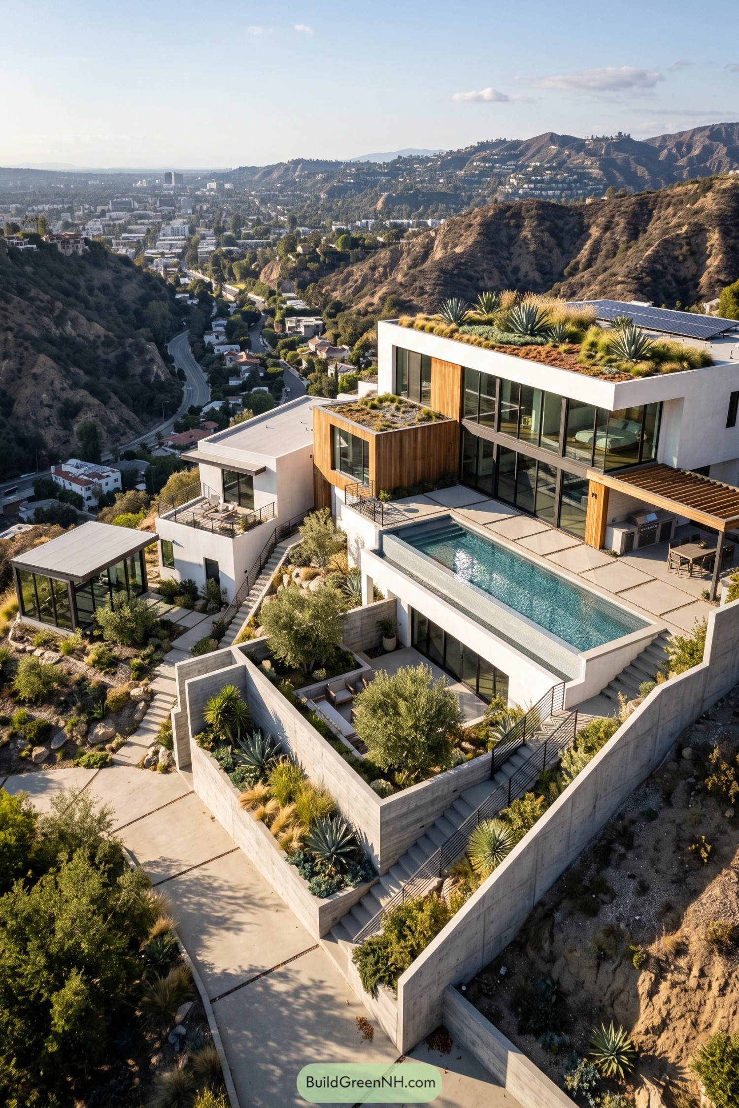 Modern hillside compound with planted roofs, white walls, timber cladding, and an elevated pool overlooking a canyon