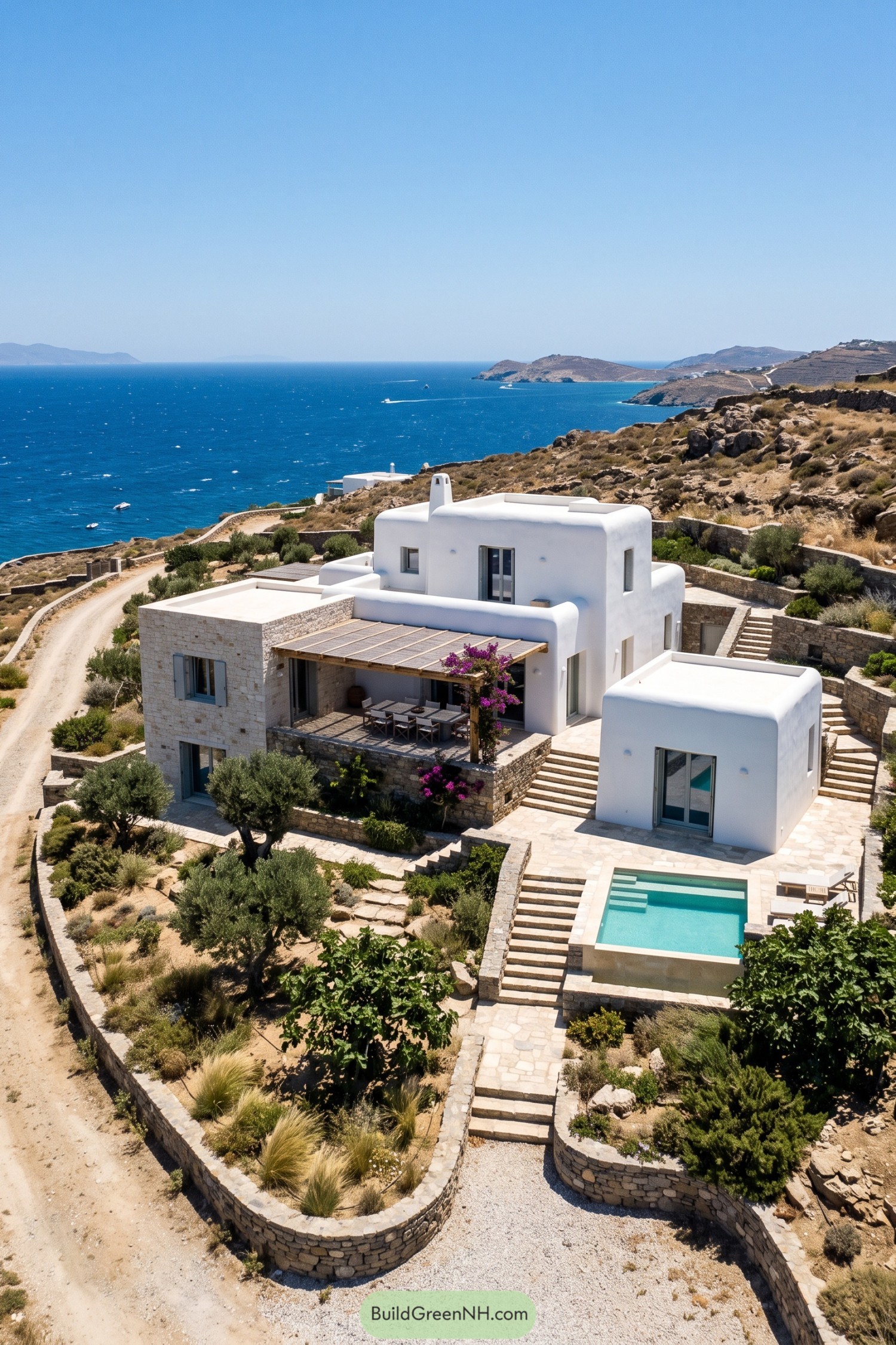 Whitewashed hillside compound with stone walls, stepped gardens, a timber pergola and a small pool overlooking the sea