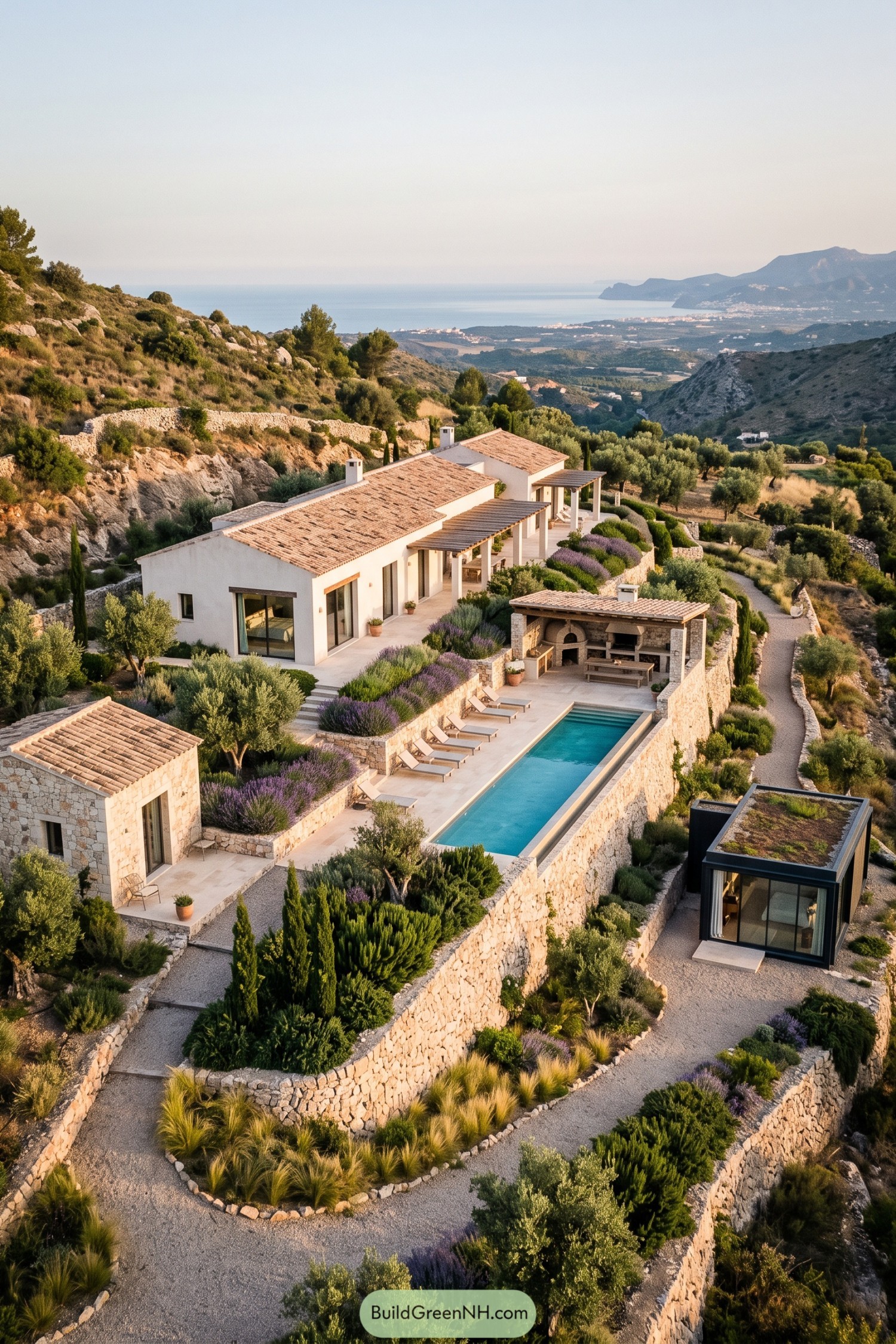 Terraced hillside compound with tiled roofs, stone walls, a narrow pool, and a planted roof pavilion overlooking the sea