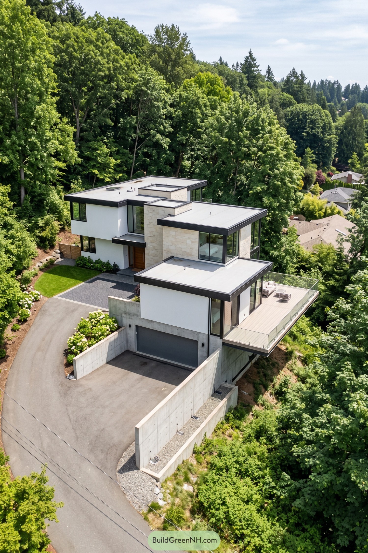 Modern hillside house with white walls, pale stone cladding, flat roofs, and a glass-railed terrace overlooking trees
