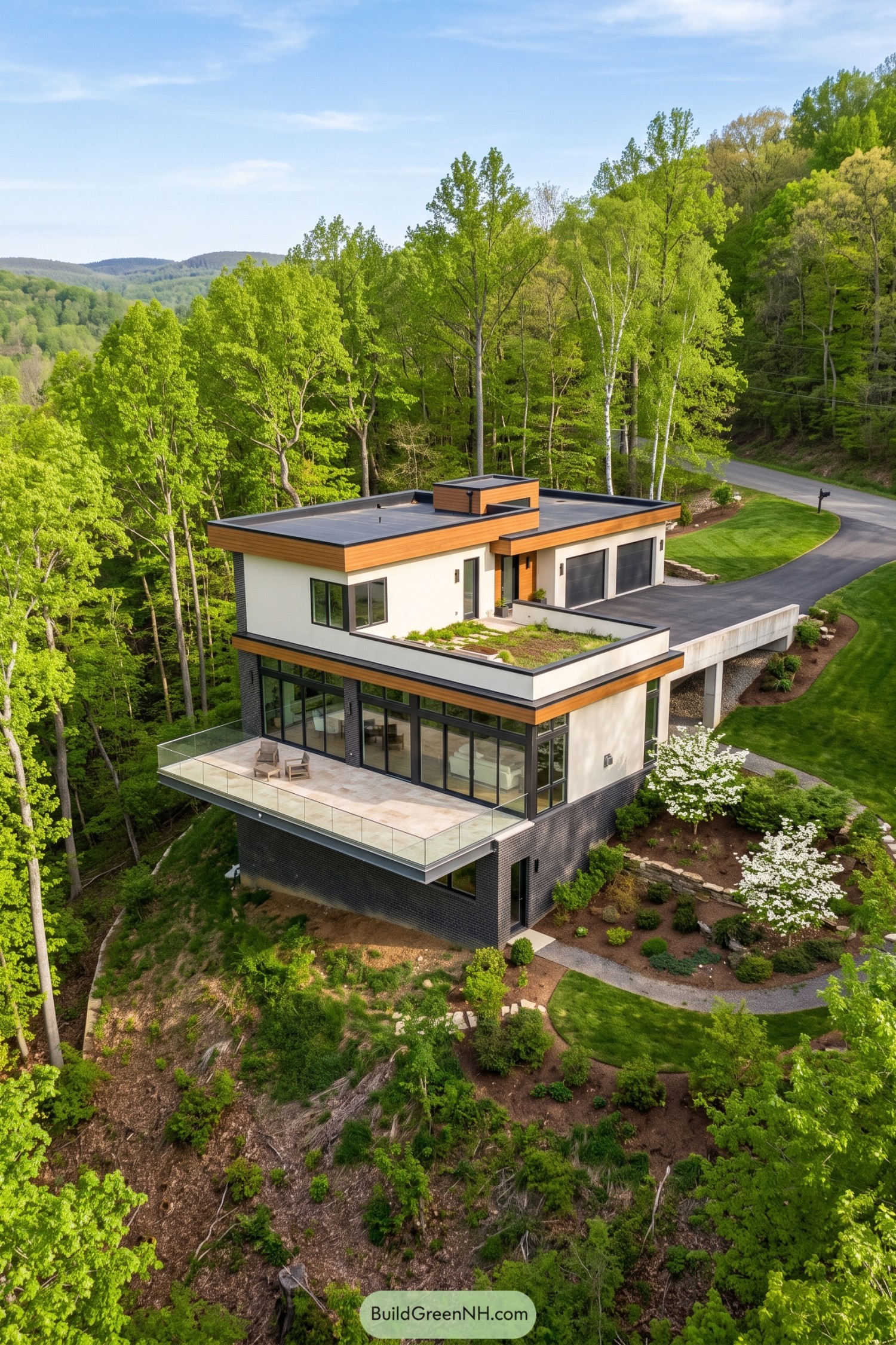 Modern hillside house with white walls, wood trim, a planted roof, and a glass-railed terrace overlooking woodland