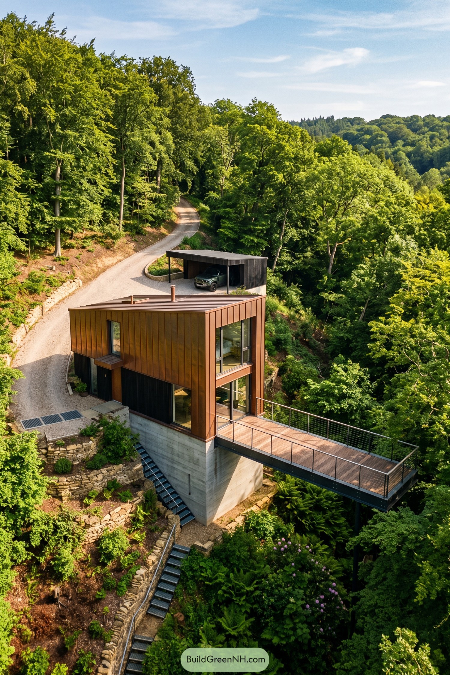 Rust-colored hillside house on a concrete base with a projecting timber terrace and cable railings overlooking dense woodland