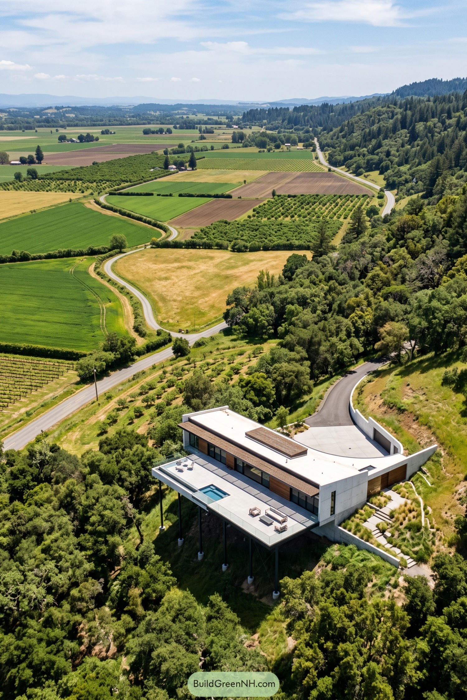 Modern hillside house with a plunge pool and glass-railed terrace on tall steel columns overlooking farmland