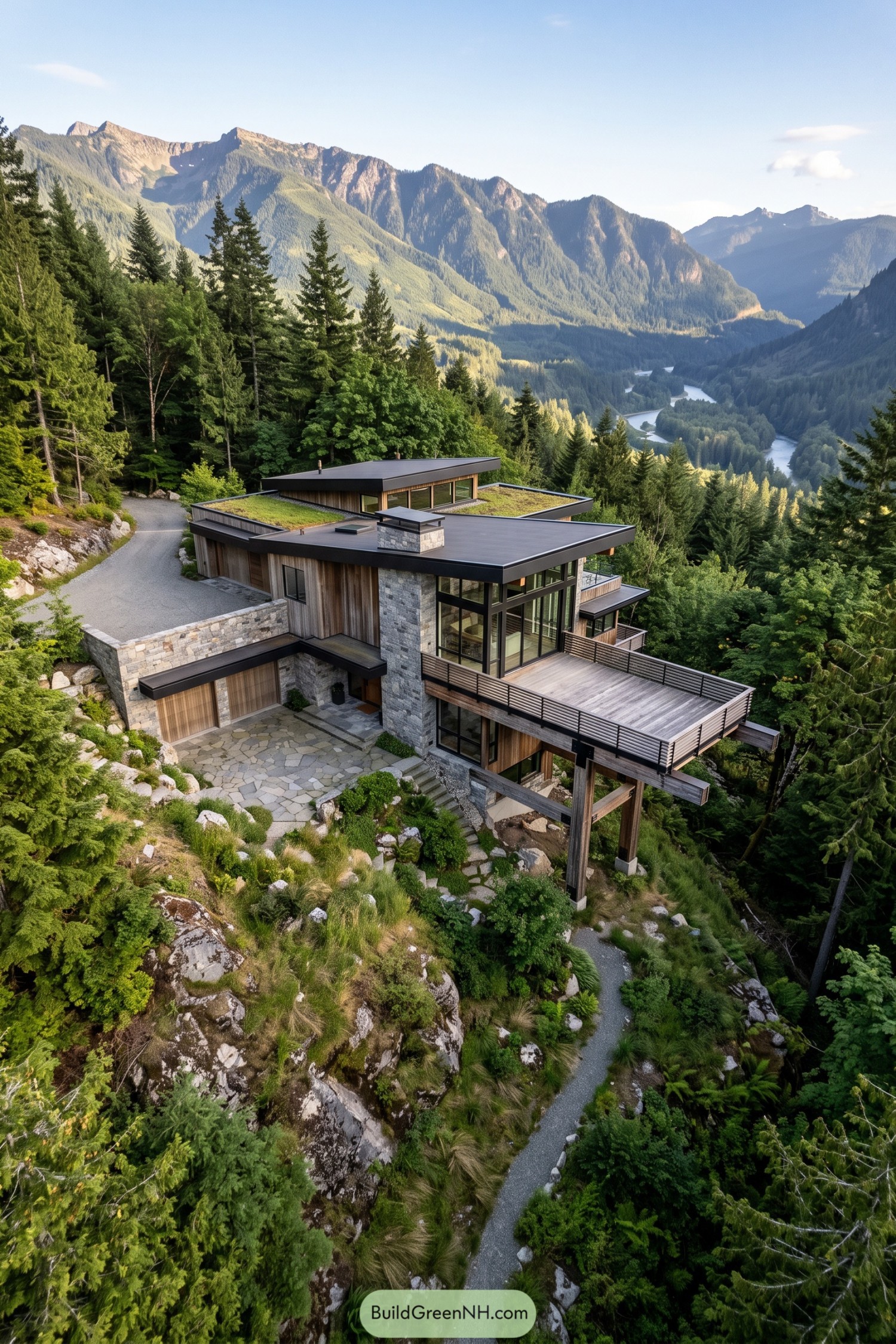 Modern timber and stone hillside house with planted roofs and a raised wooden terrace overlooking a forested mountain valley