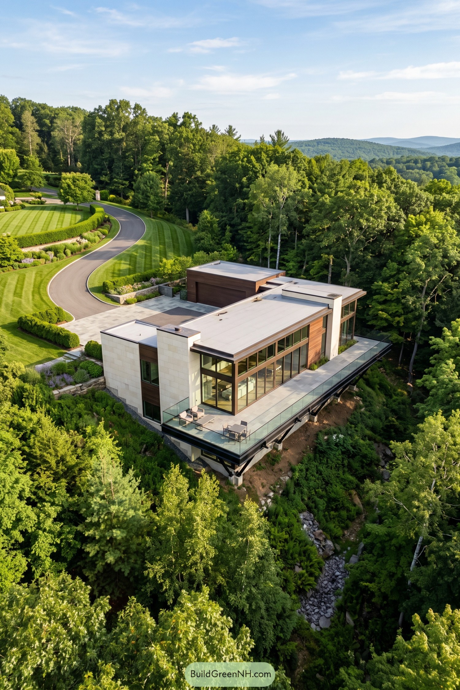 Modern hillside house with tall windows, wood cladding, pale masonry, and a glass-railed terrace overlooking a wooded ravine