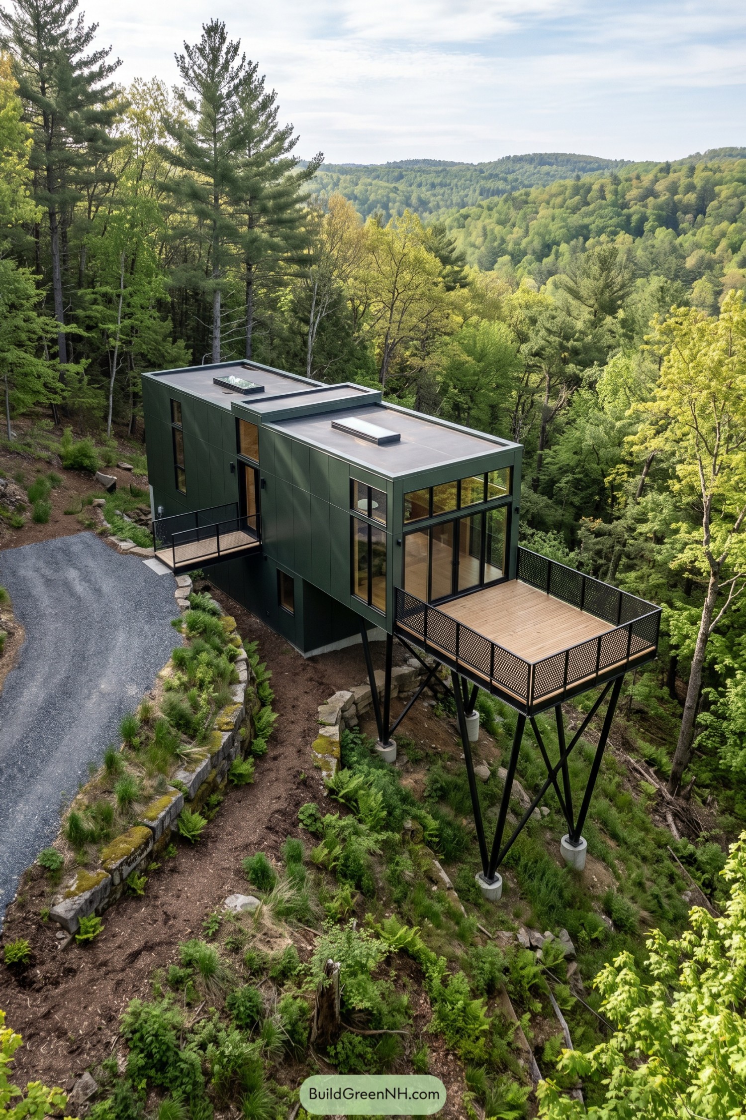 Olive green hillside house with tall windows and a timber terrace raised on black steel braces above a wooded slope