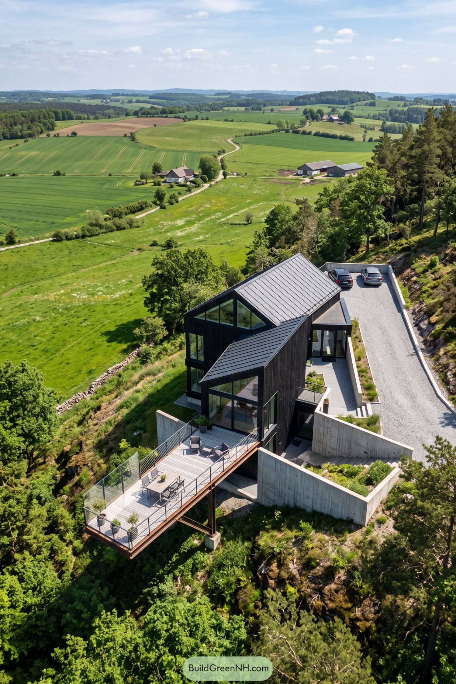 Black timber hillside house with metal pitched roofs and a long elevated terrace overlooking trees and farmland
