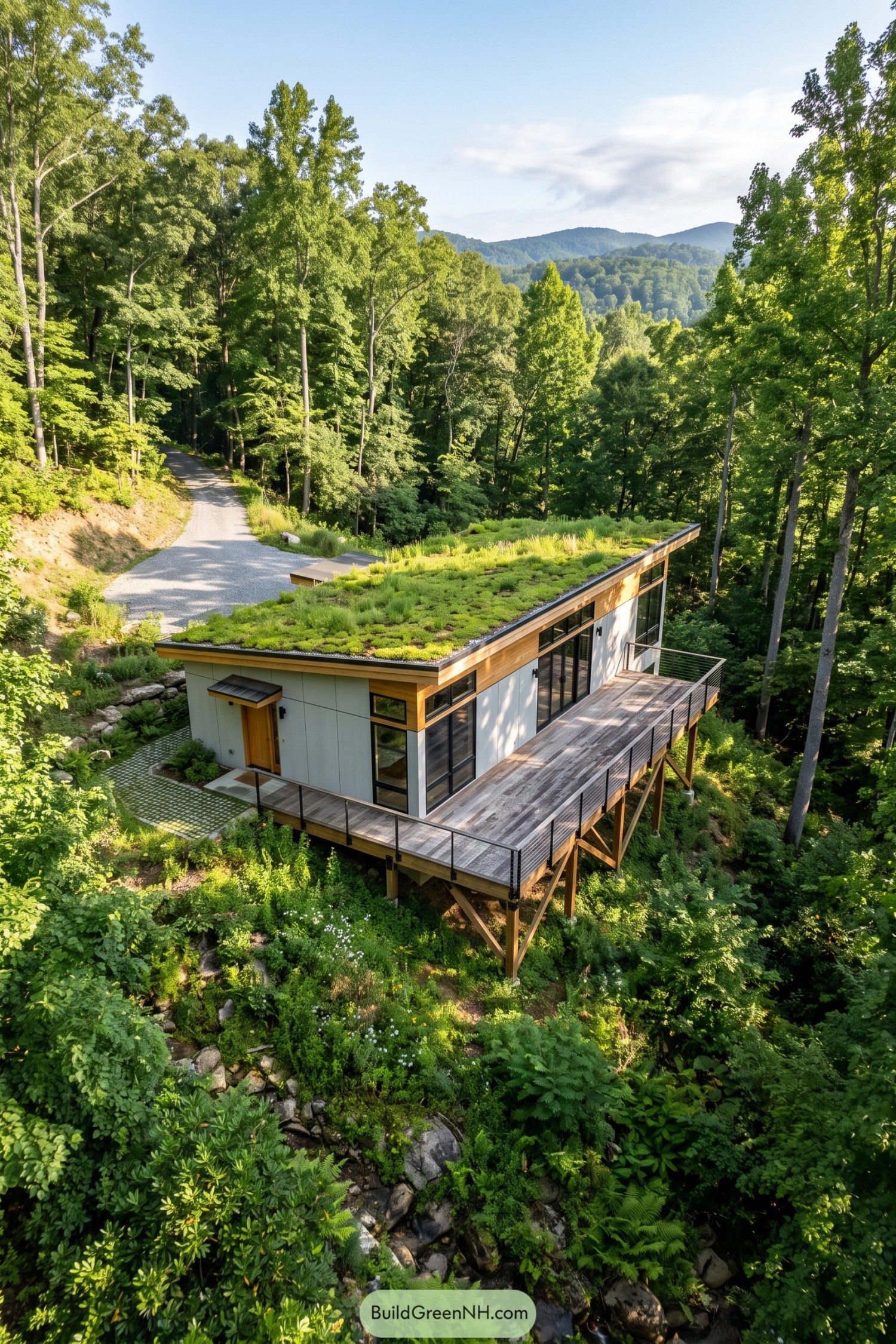 Modern hillside house with a planted roof and wraparound timber terrace supported by braced wooden posts