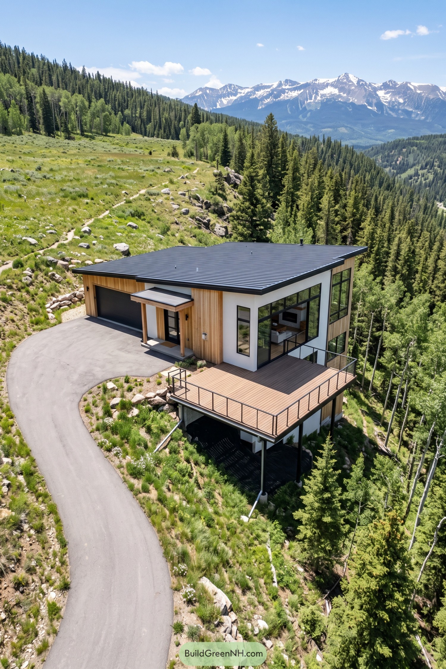 Modern hillside house with timber siding, white walls, and a raised deck overlooking forest and mountains