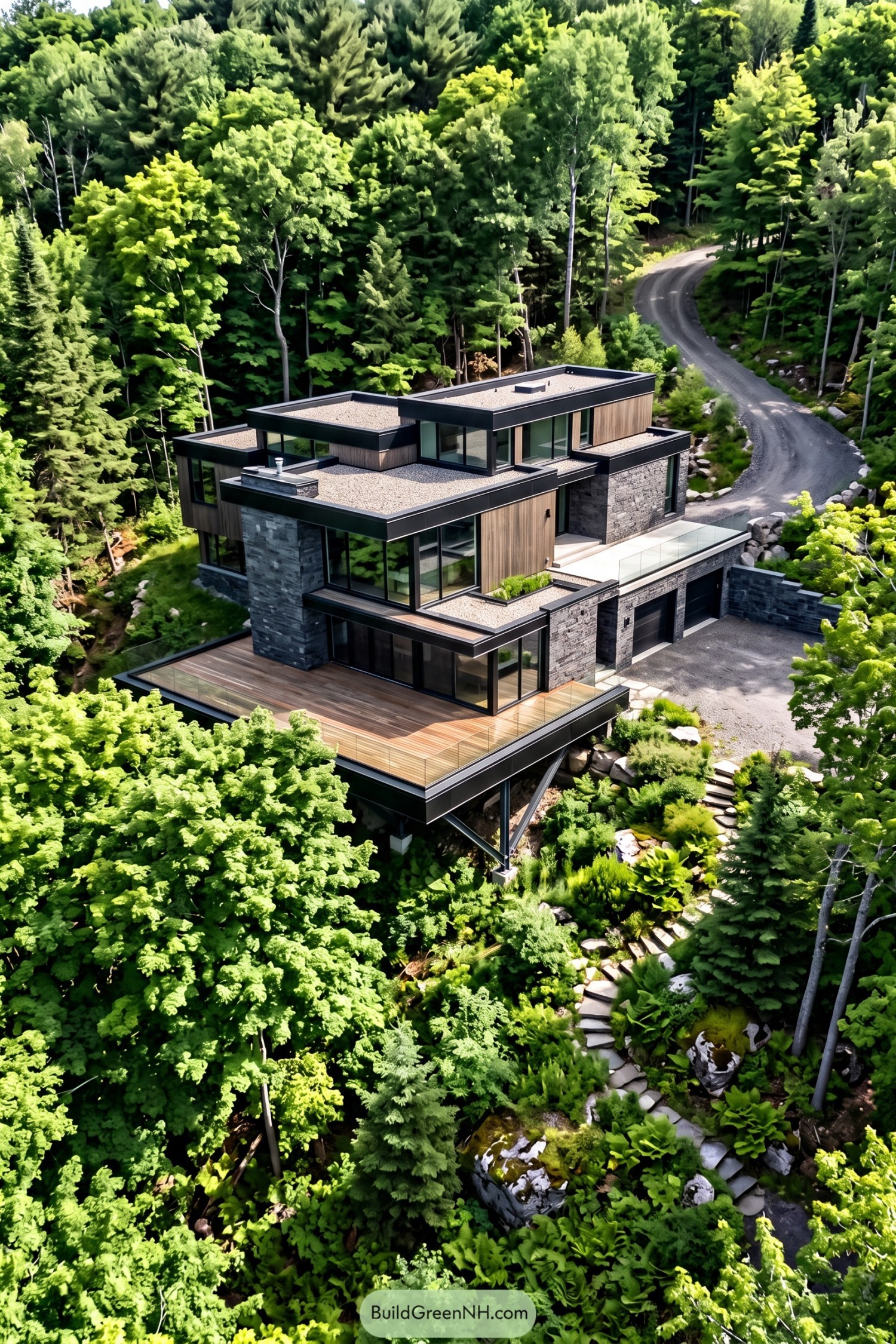 Modern hillside house with stepped flat roofs, stone walls, timber cladding, and a broad glass-railed terrace above dense woodland
