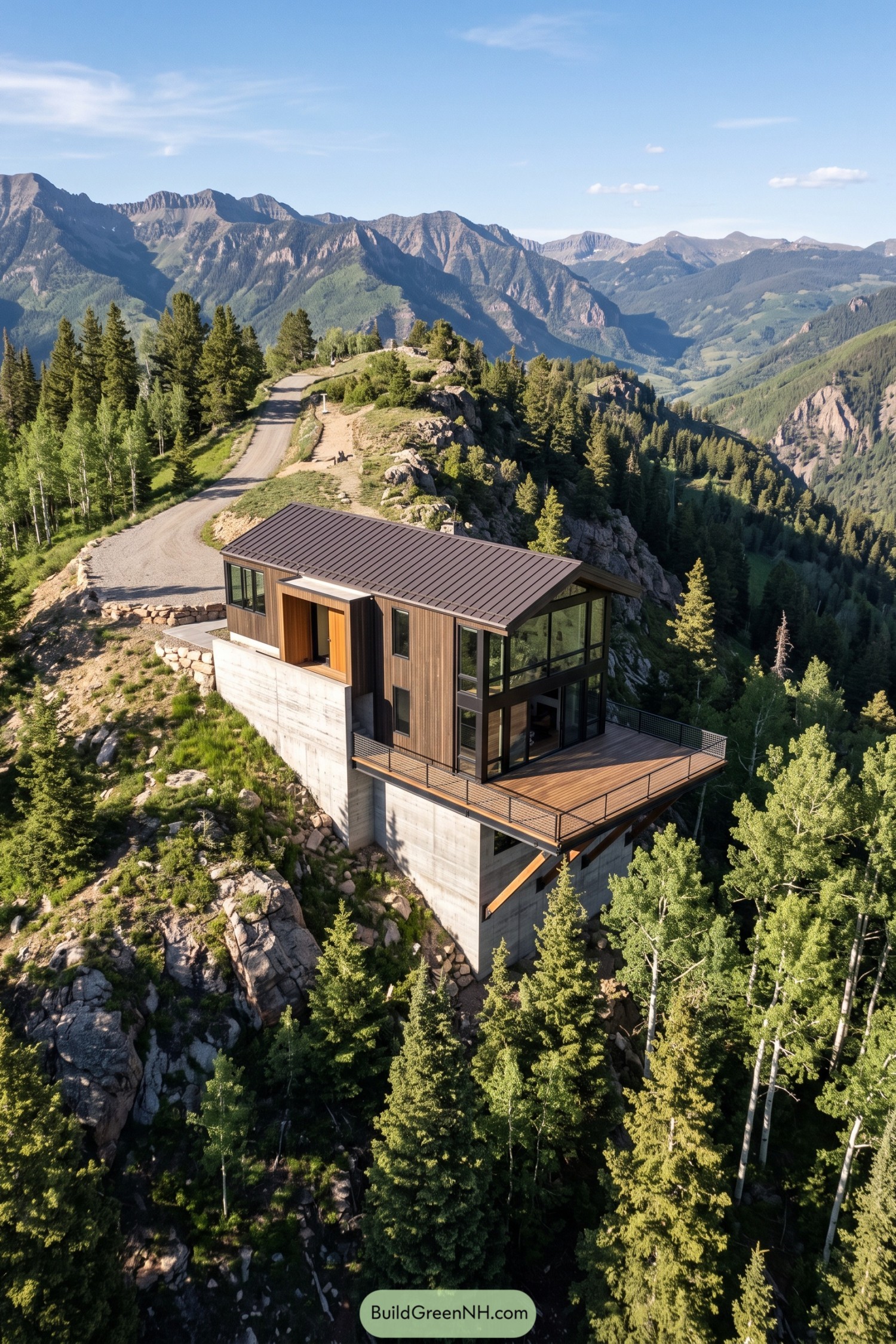 Wood-clad hillside house with a metal gable roof, tall concrete base, and broad terrace overlooking forested mountains