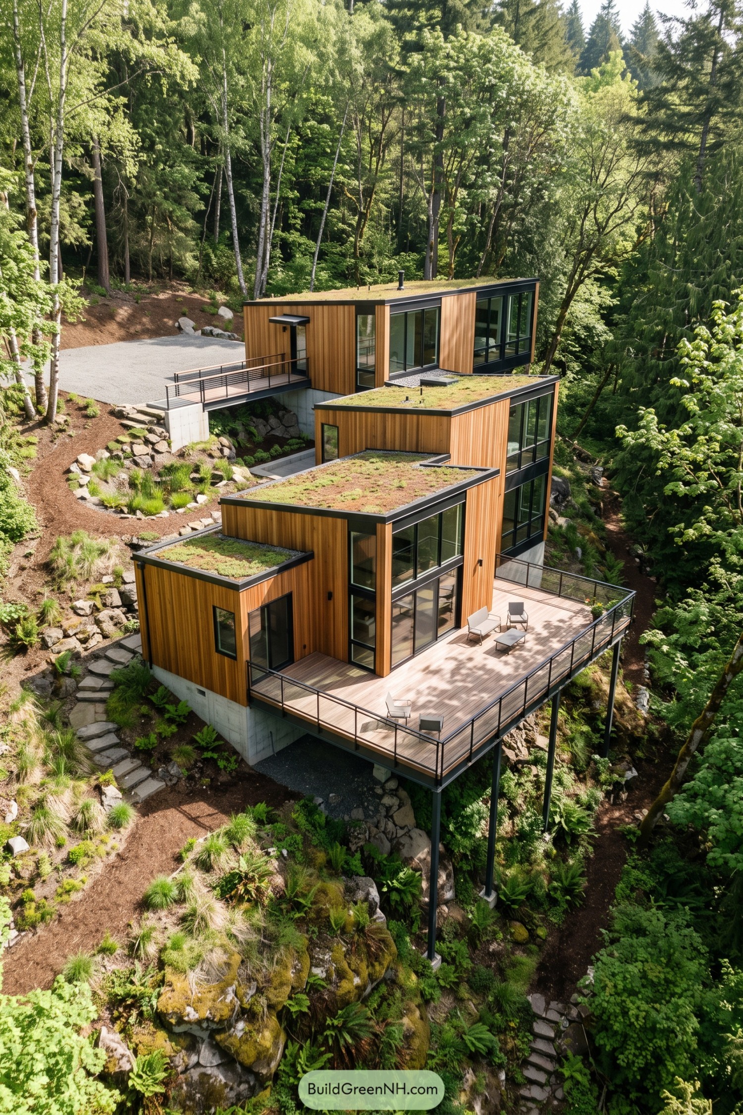 Wood clad hillside home with stepped green roofs and an elevated terrace overlooking dense woodland
