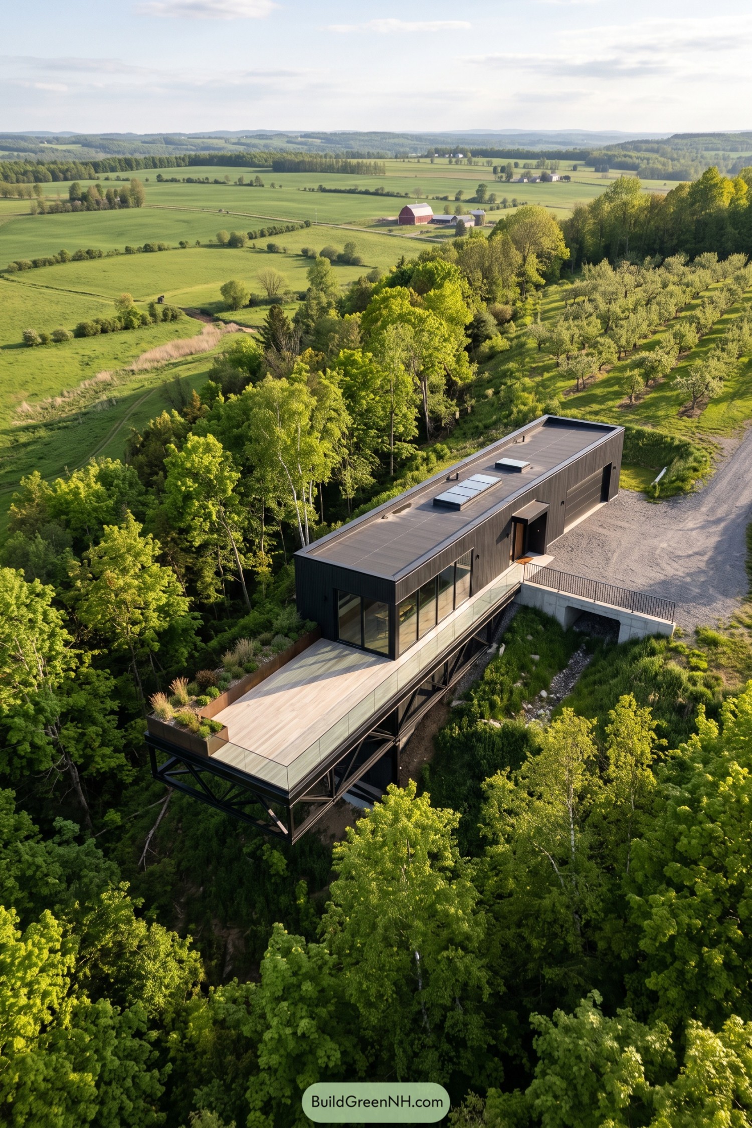 Long modern hillside house with dark cladding and a glass railed timber terrace supported by exposed steel above trees