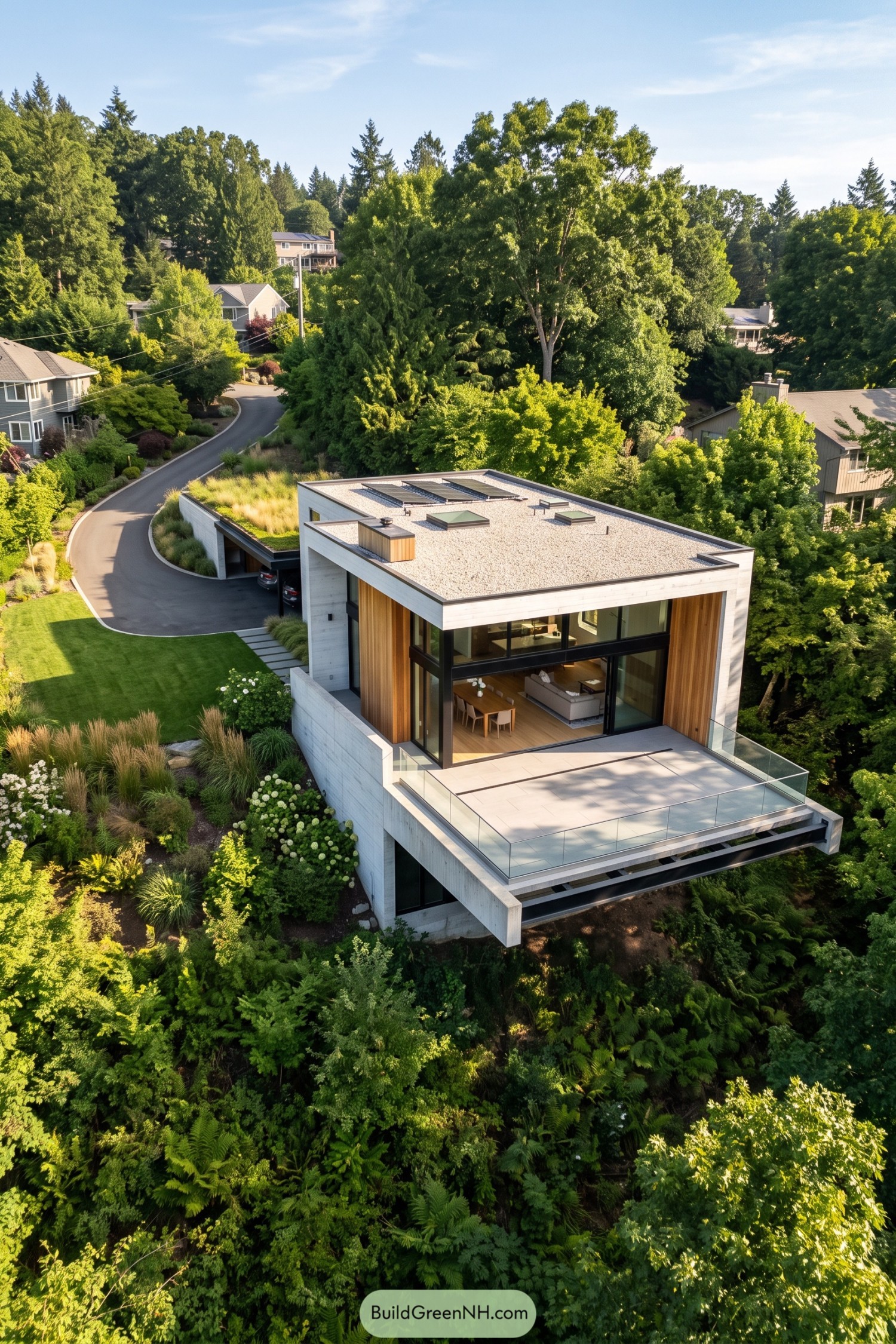 Modern hillside house with concrete framing, timber cladding, a glass-railed terrace, solar panels, and a planted garage roof