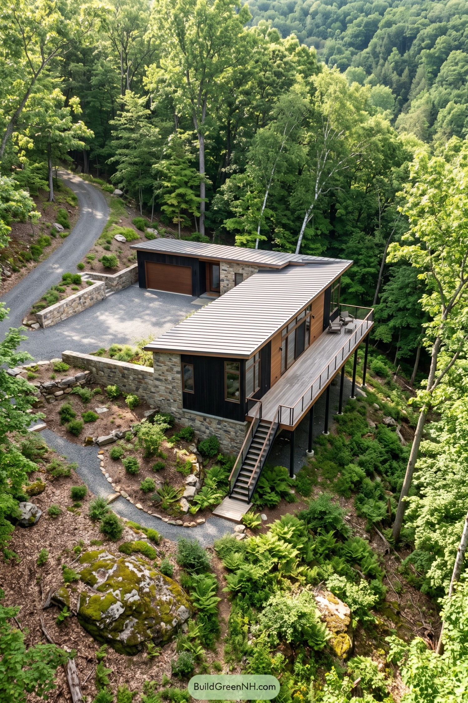Modern hillside house with stone walls, timber siding, a metal roof, and an elevated deck overlooking dense woodland