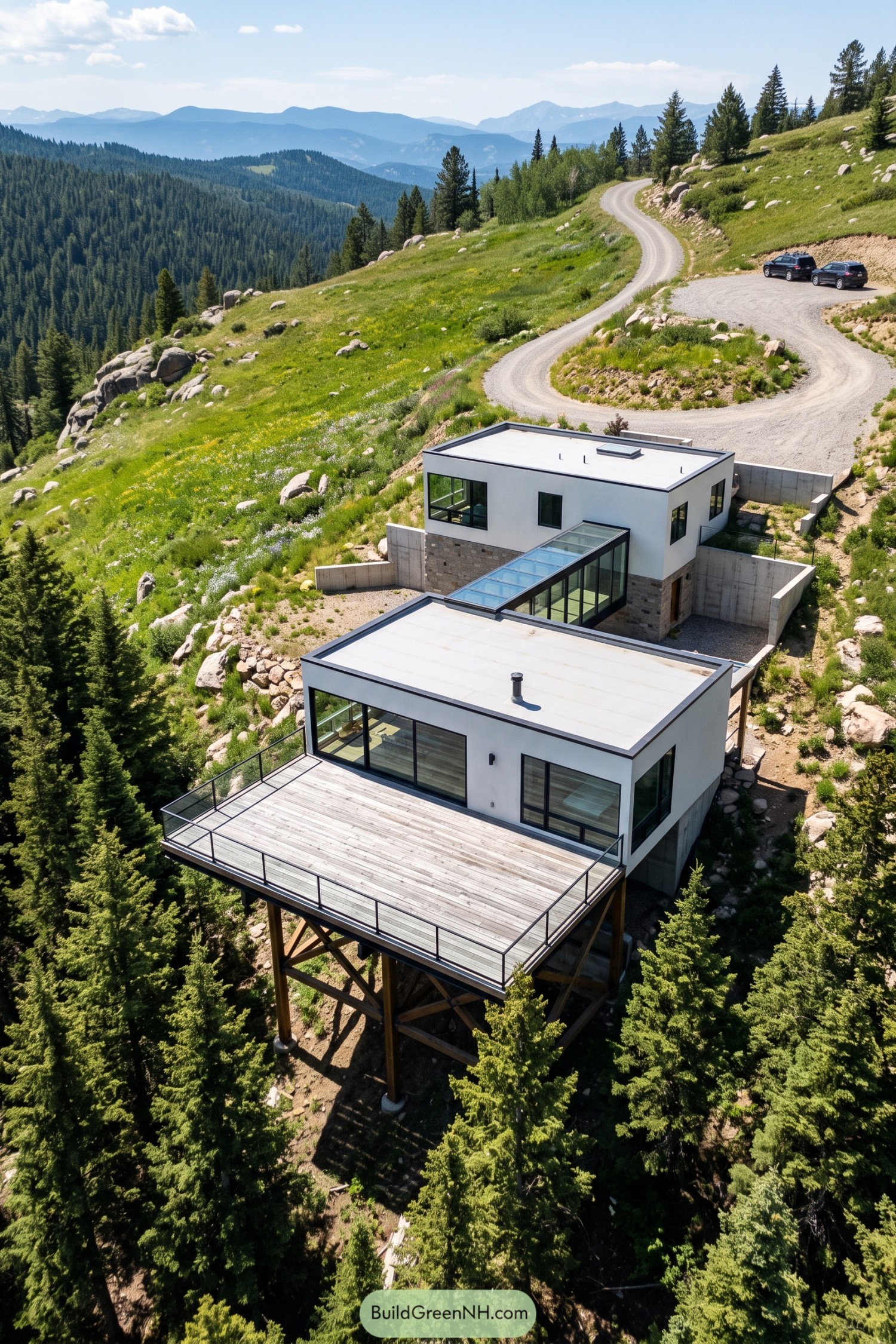 White hillside house with a glazed connecting corridor and a broad timber terrace raised above evergreen treetops