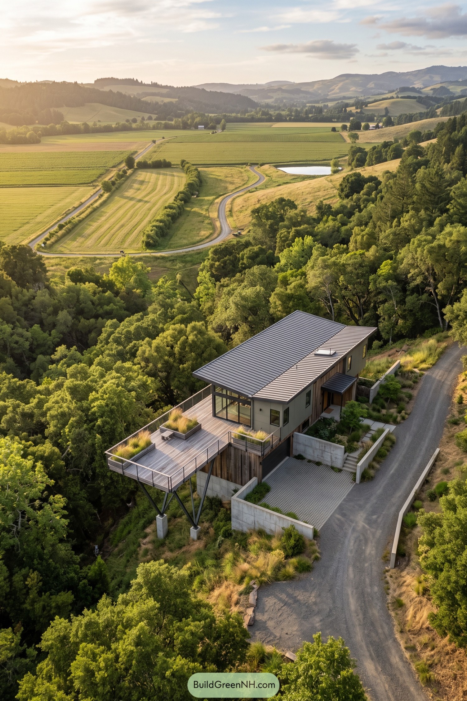 Modern hillside house with a metal roof and a broad timber terrace on angled steel supports overlooking trees and farmland