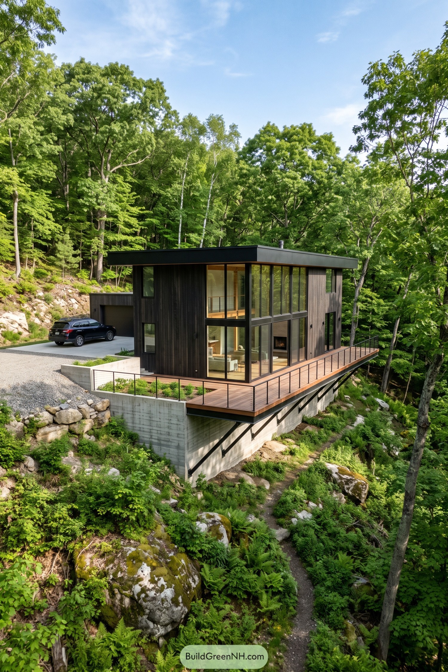 Modern hillside house with dark timber siding, tall windows, and a wraparound terrace above a wooded slope