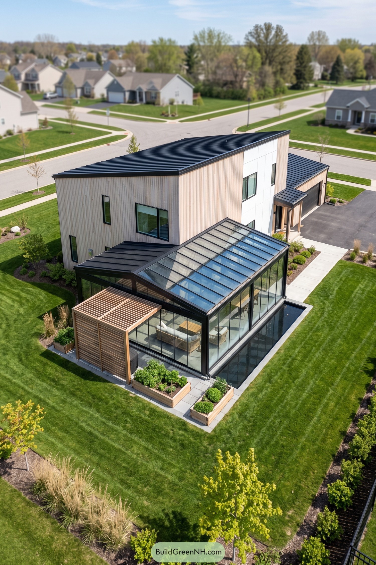 Modern wood clad house with a glass roofed addition, timber privacy screen, and narrow reflecting pool