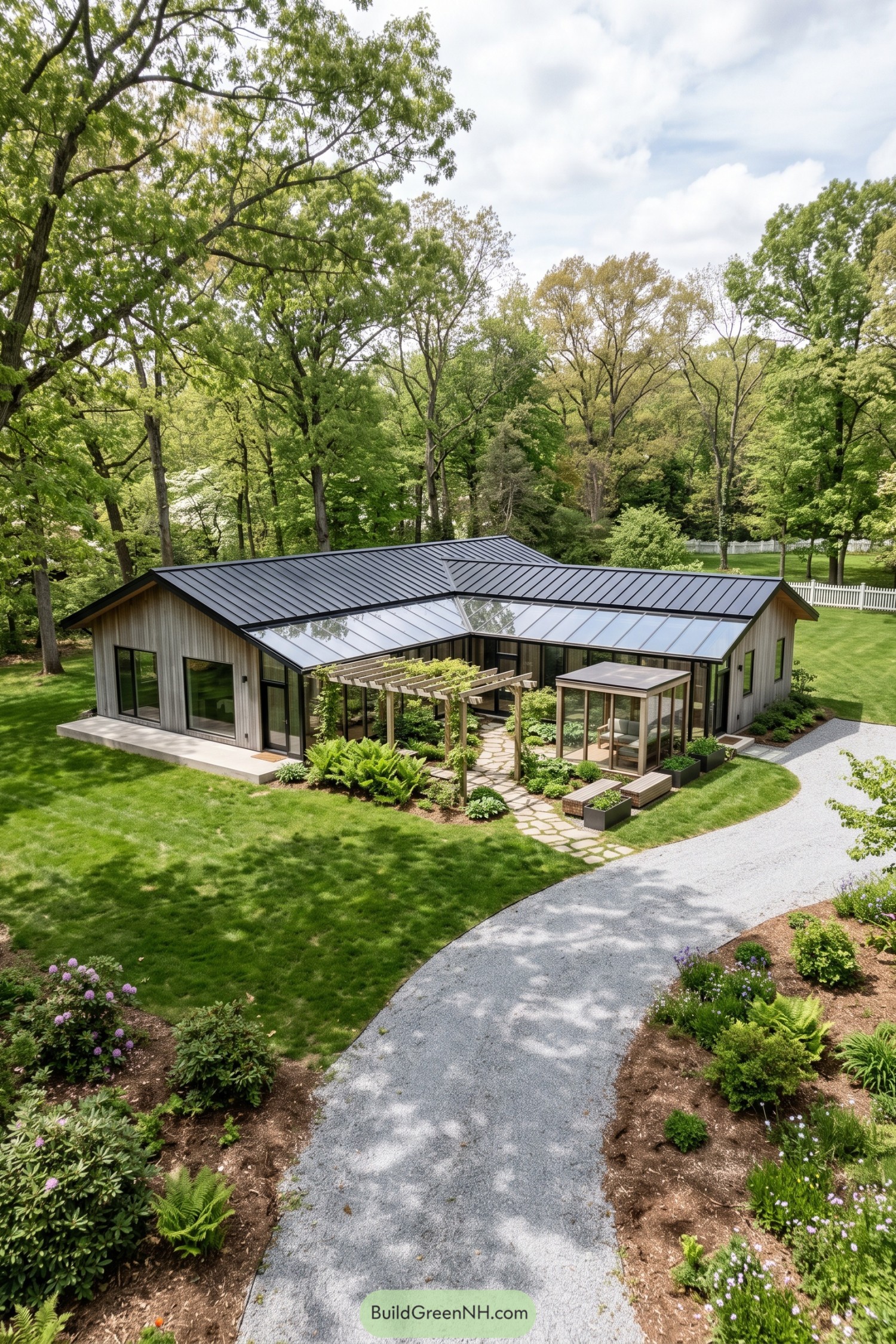 Timber clad house with sloping glass roof additions, a small glazed sitting room, and a planted pergola beside a stone path